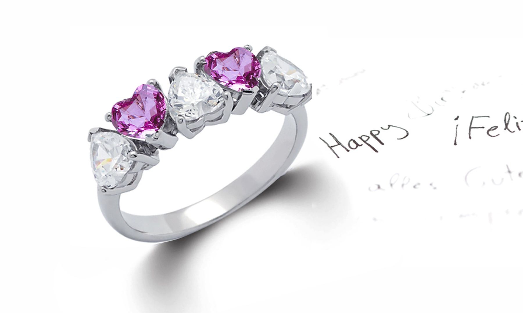 Made to Order 5 Stone Heart Shaped Diamonds & Pink Sapphires Anniversary Rings