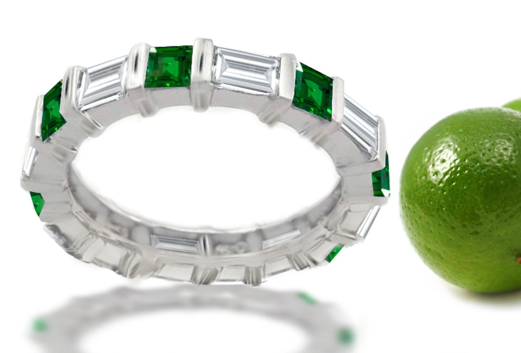 For All Eternity: Platinum & Princess Cut & Baguette Cut Emerald Eternity Band with A Most Brilliant of Green