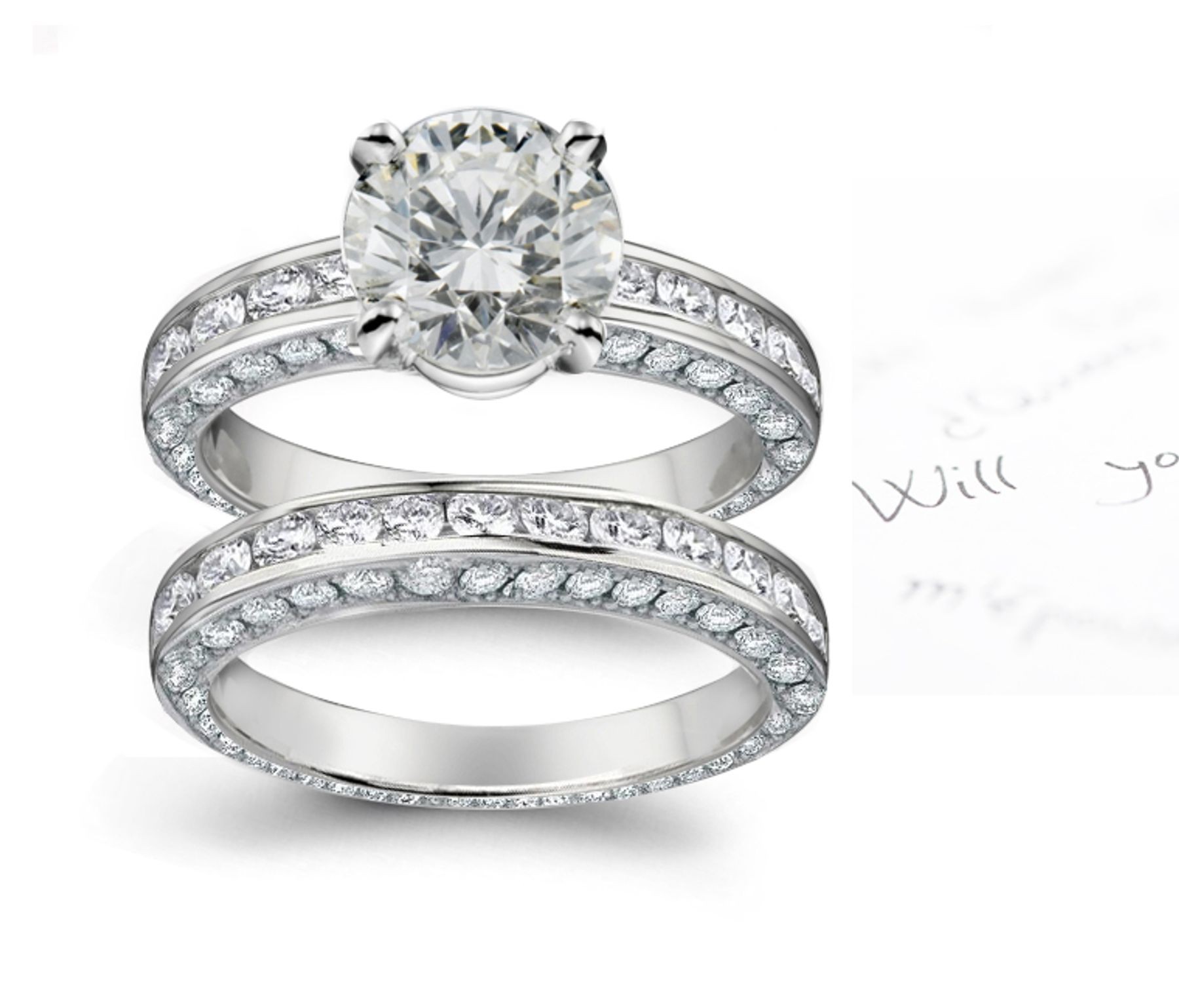 Finely Crafted Diamond Engagement Ring & Wedding Band & Diamond Halo Sides 