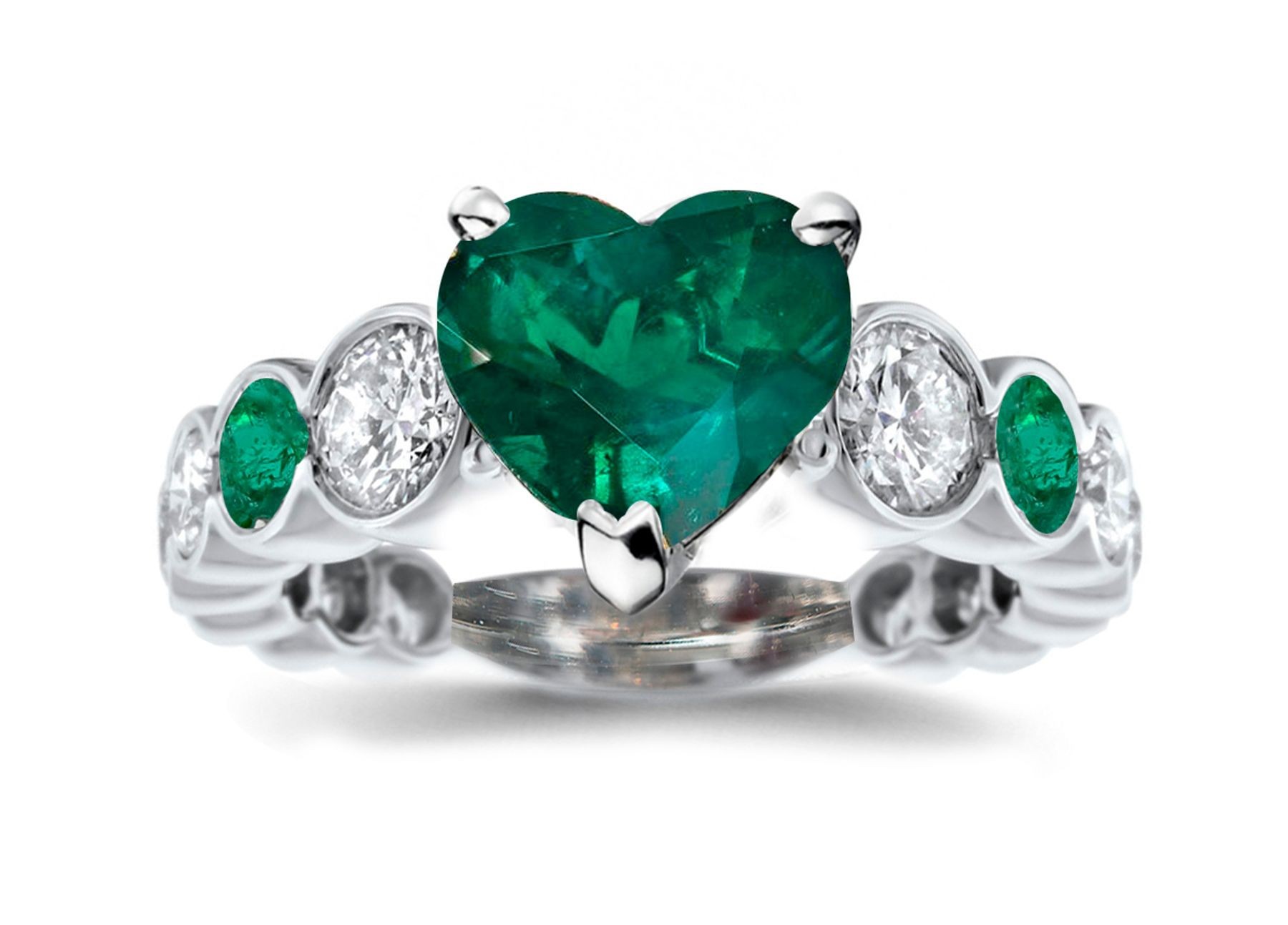 Ring with Heart Emerald & Bezel Set Emeralds & White Diamonds in Gold or Platinum