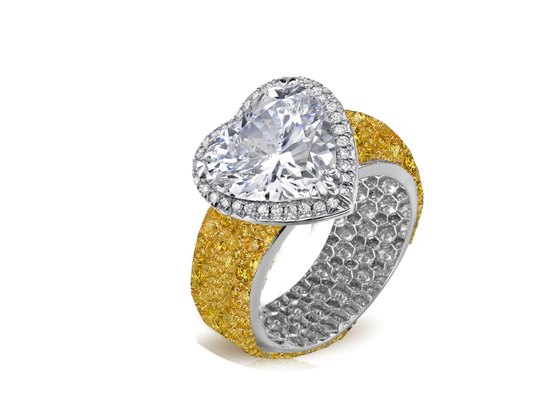 Halo Heart Diamond Ring with Diamonds & Yellow Sapphires in Gold or Platinum