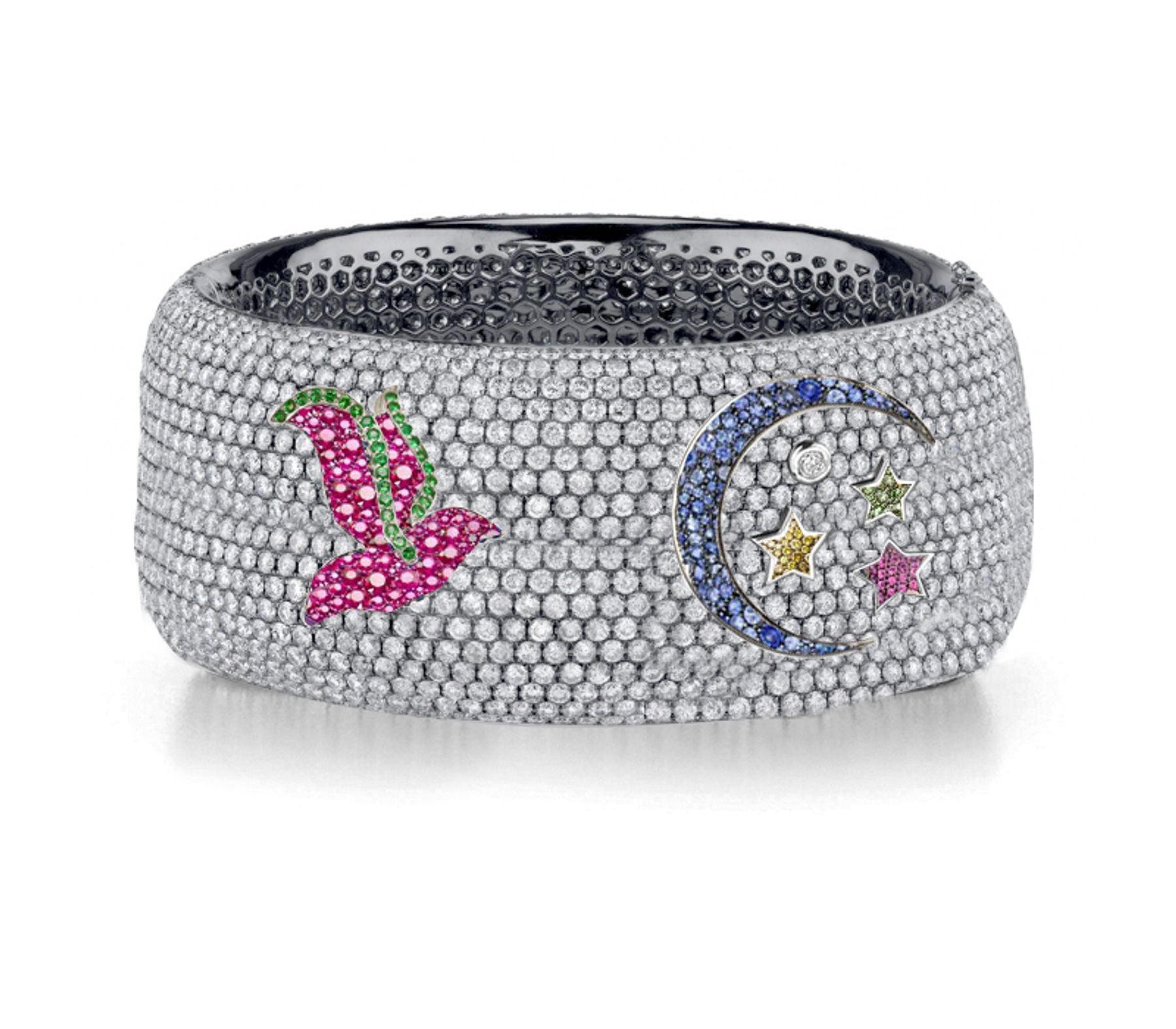 Delicate French pavee Sparkling Brilliant-Cut Round Diamonds & Vivid Multi-Colored Precious Stones Eternity Rings & Bands Featuring Bird, Moon & Stars