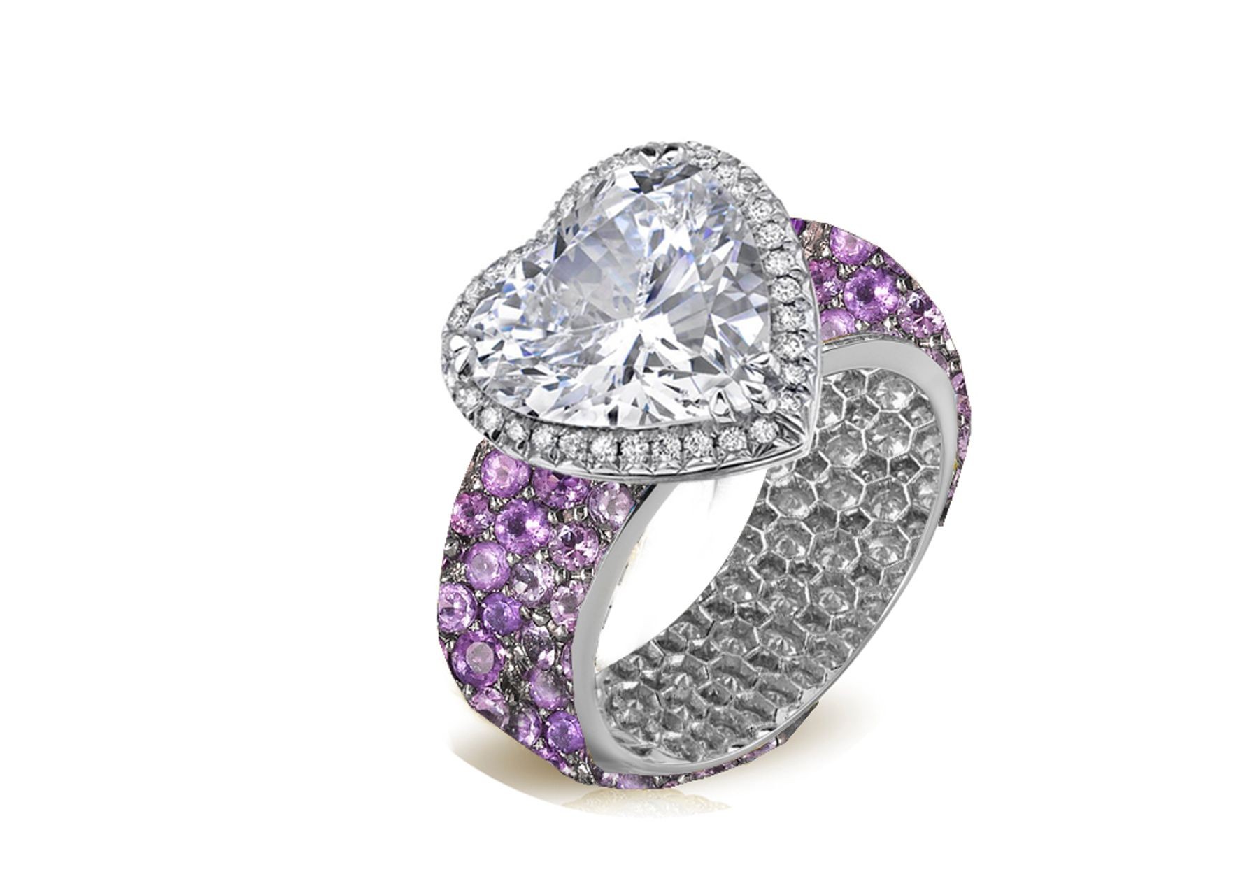 Halo Heart Diamond Ring with Diamonds & Purple Sapphires in Gold or Platinum