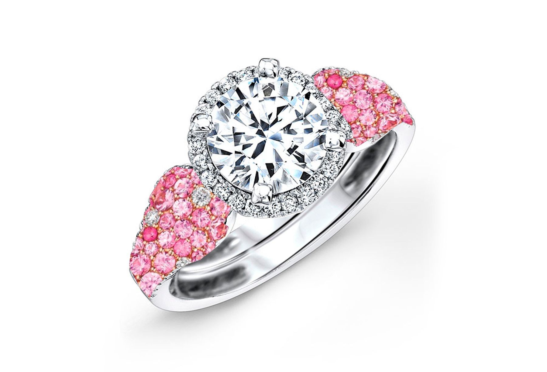 Made To Order Rings Featuring Delicate French Halo Pave Diamonds & Vivid Pink Sapphires