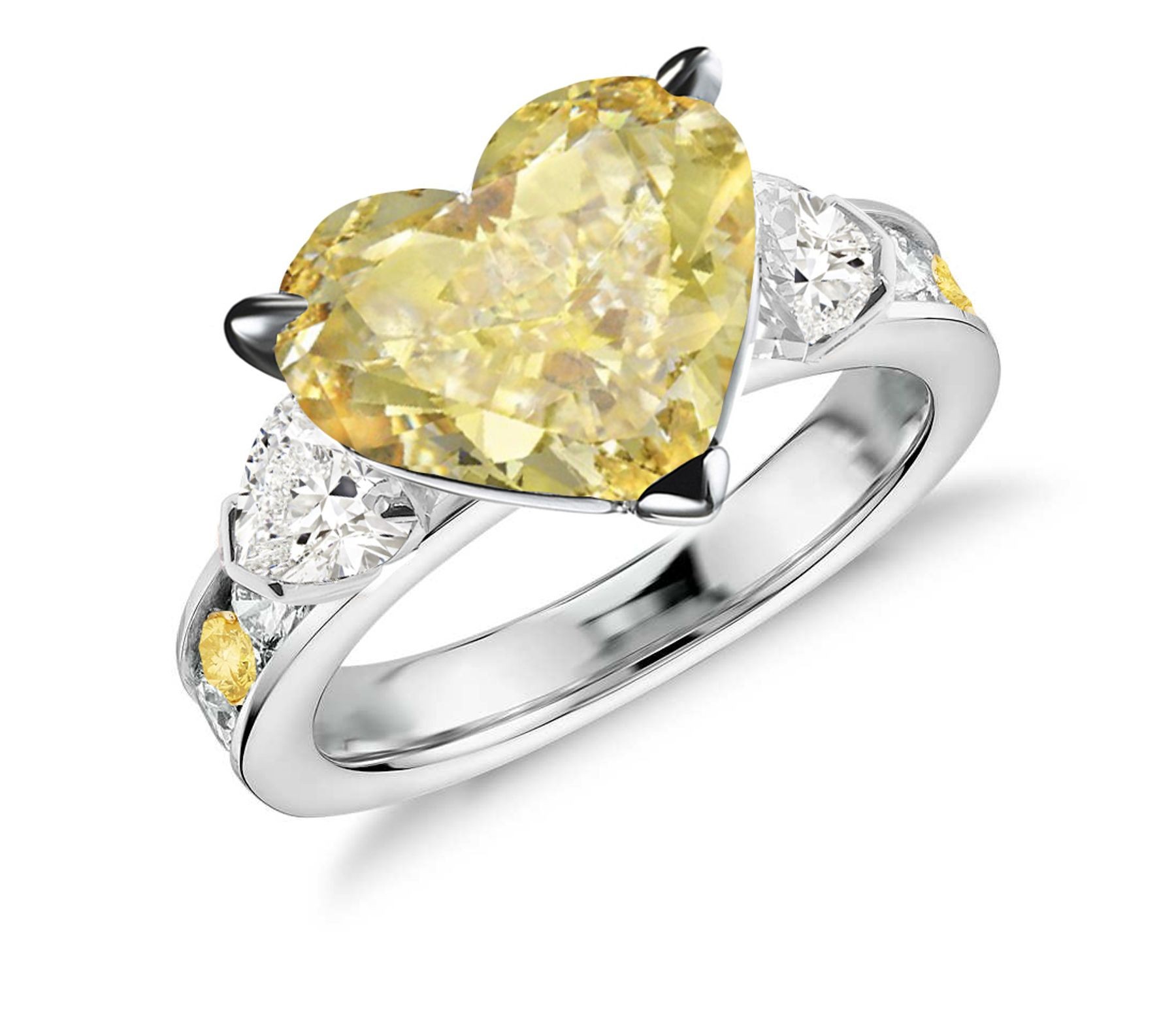 Three Stone Heart Diamond & Yelow Sapphires Rings With Further Diamond Accents