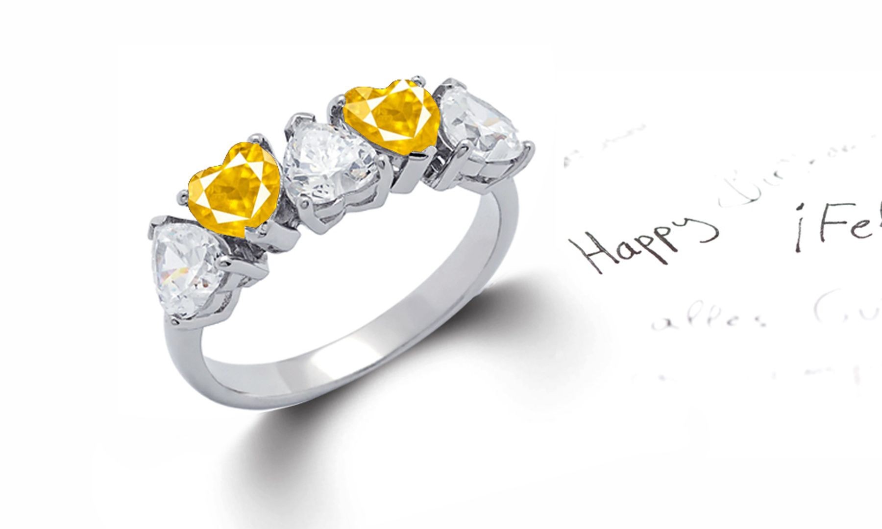 Made to Order 5 Stone Heart Shaped Diamonds & Yellow Sapphires Anniversary Rings