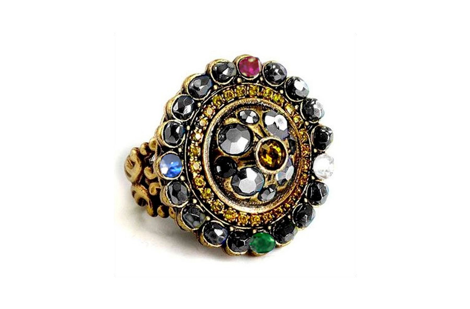 Brilliant Earth Olivine and Hematite Crystal Ruby Emerald Sapphire Diamond Medallion Ring available in White, Yellow, Rose Gold