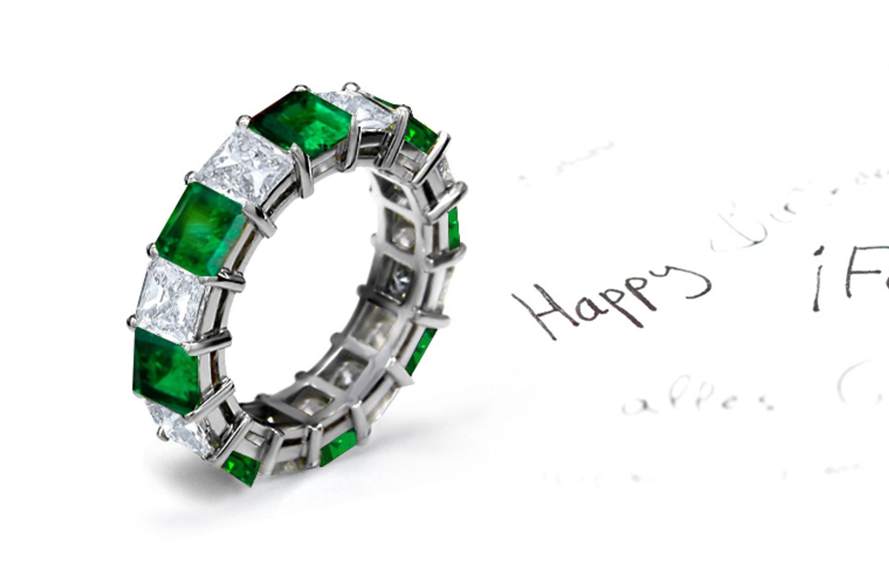 Emerald Ladies Eternity Rings: Vibrant Green Emerald Square and Princess Cut Diamonds 1.0 CTTW 4-Prong Set Ring in Yellow Gold.