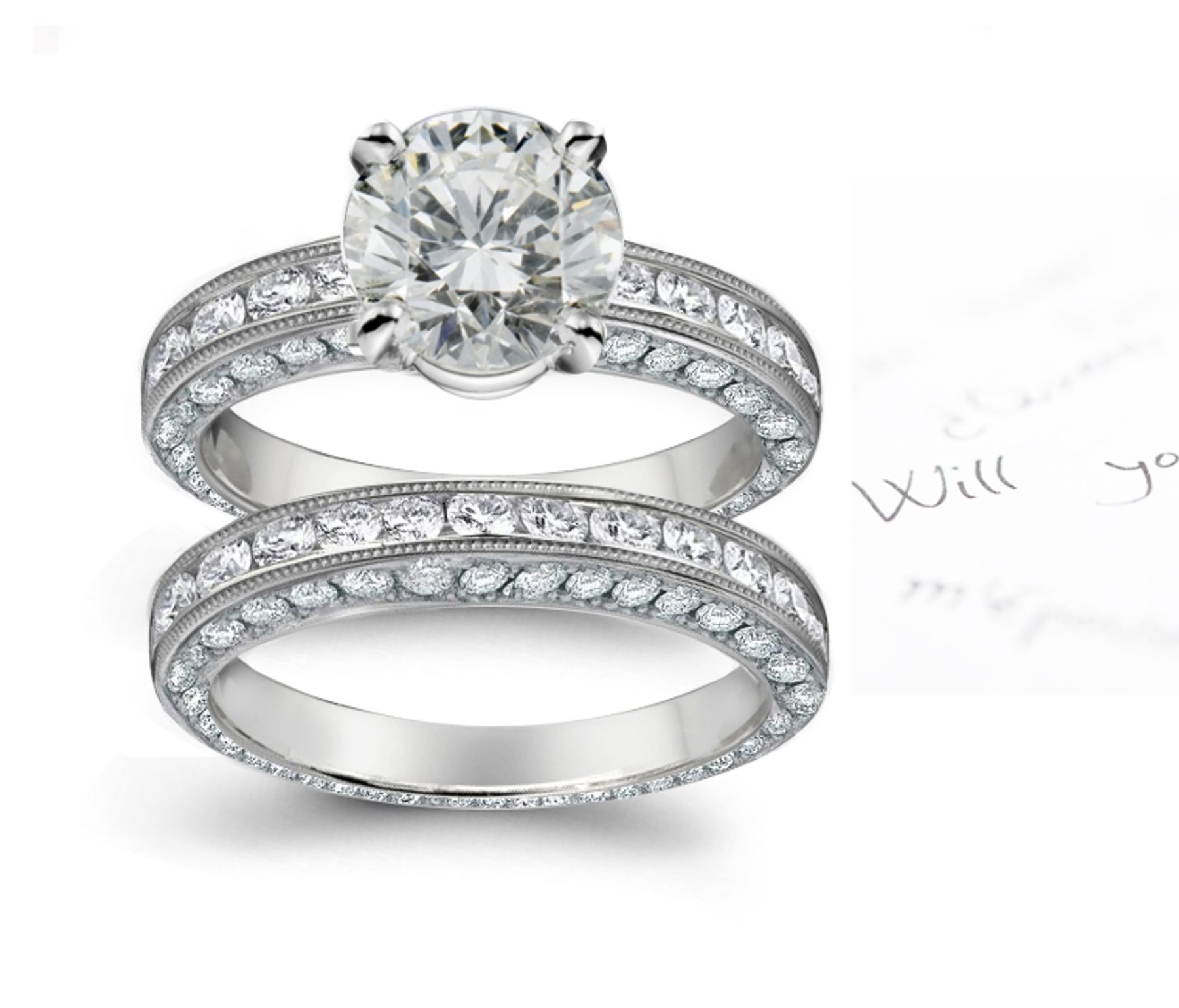 Finely Crafted Diamond Engagement Ring and Wedding Band & Diamond Halo Sides