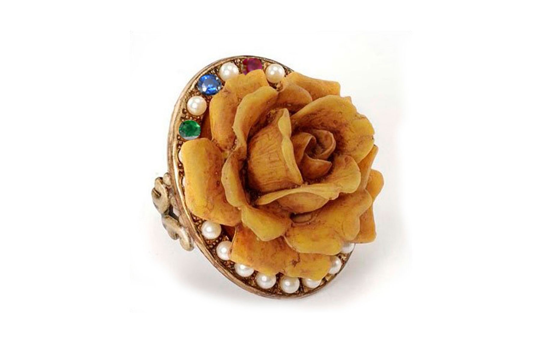 Frivolous & Whimsical Romantic Vintage Inspired Gold Pearl Ruby Emerald Sapphire Blooming Rose Flower Diamond Ring