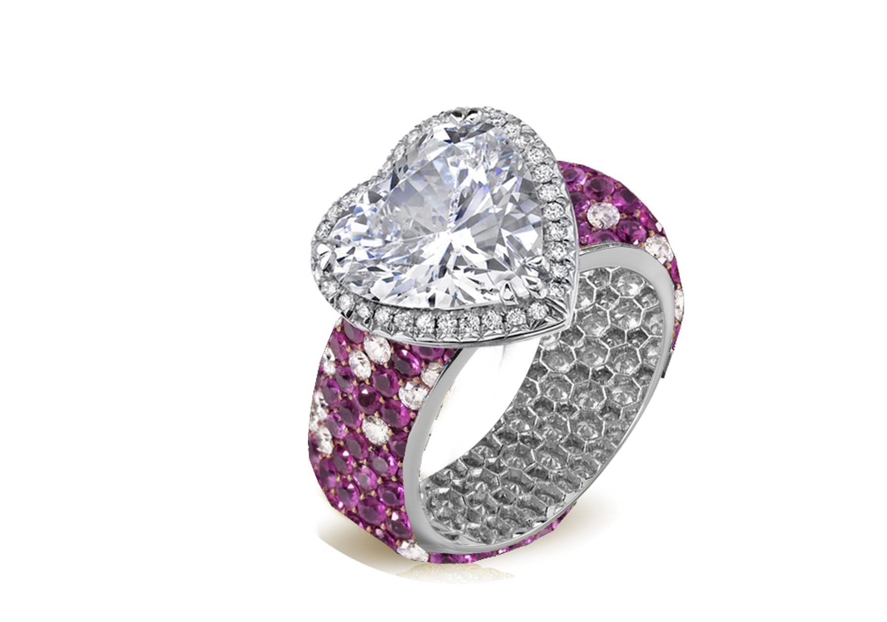 Halo Heart Diamond Ring with Diamonds & Purple Sapphires in Gold or Platinum