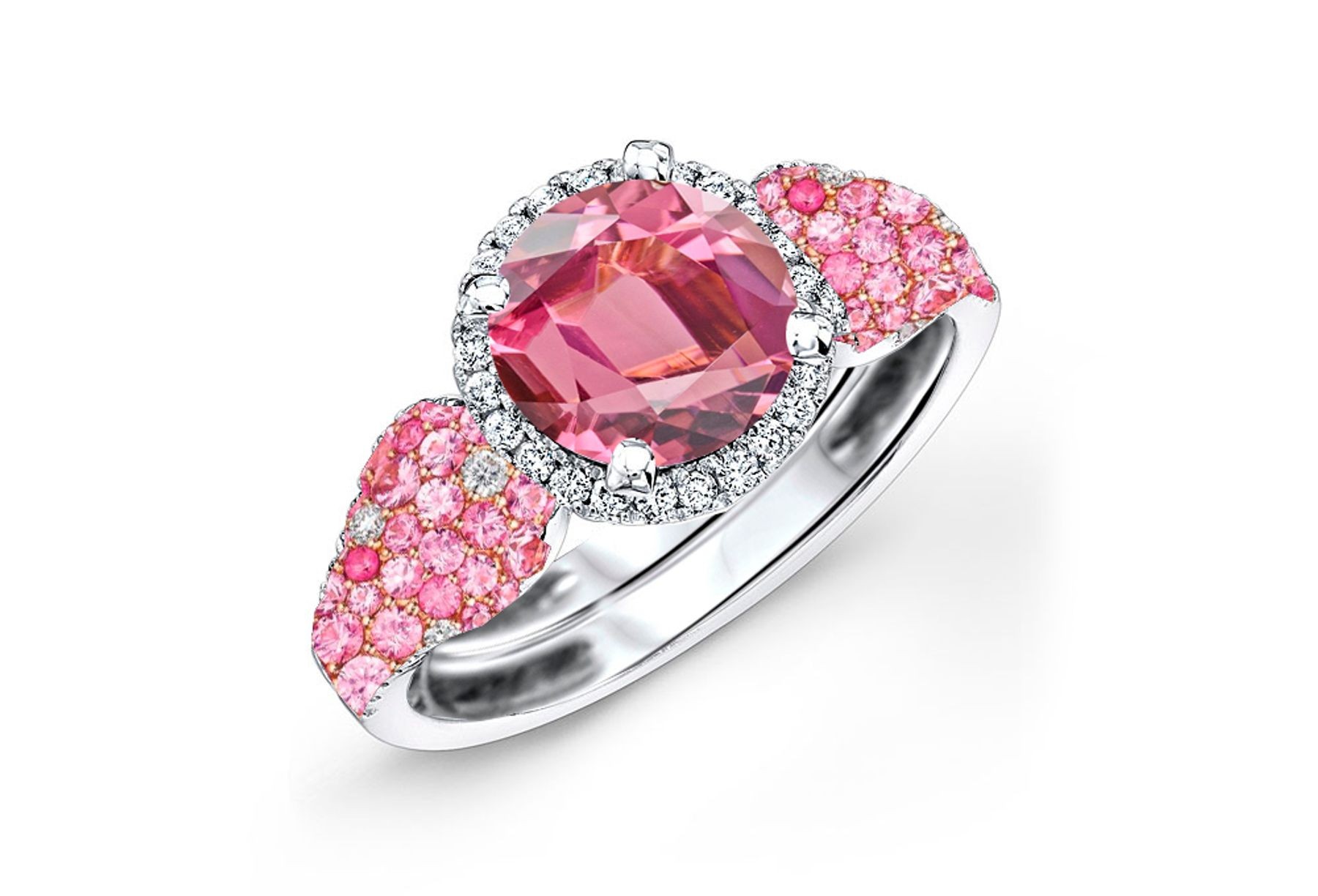 Made To Order Rings Featuring Delicate French Halo Pave Diamonds & Vivid Pink Sapphires