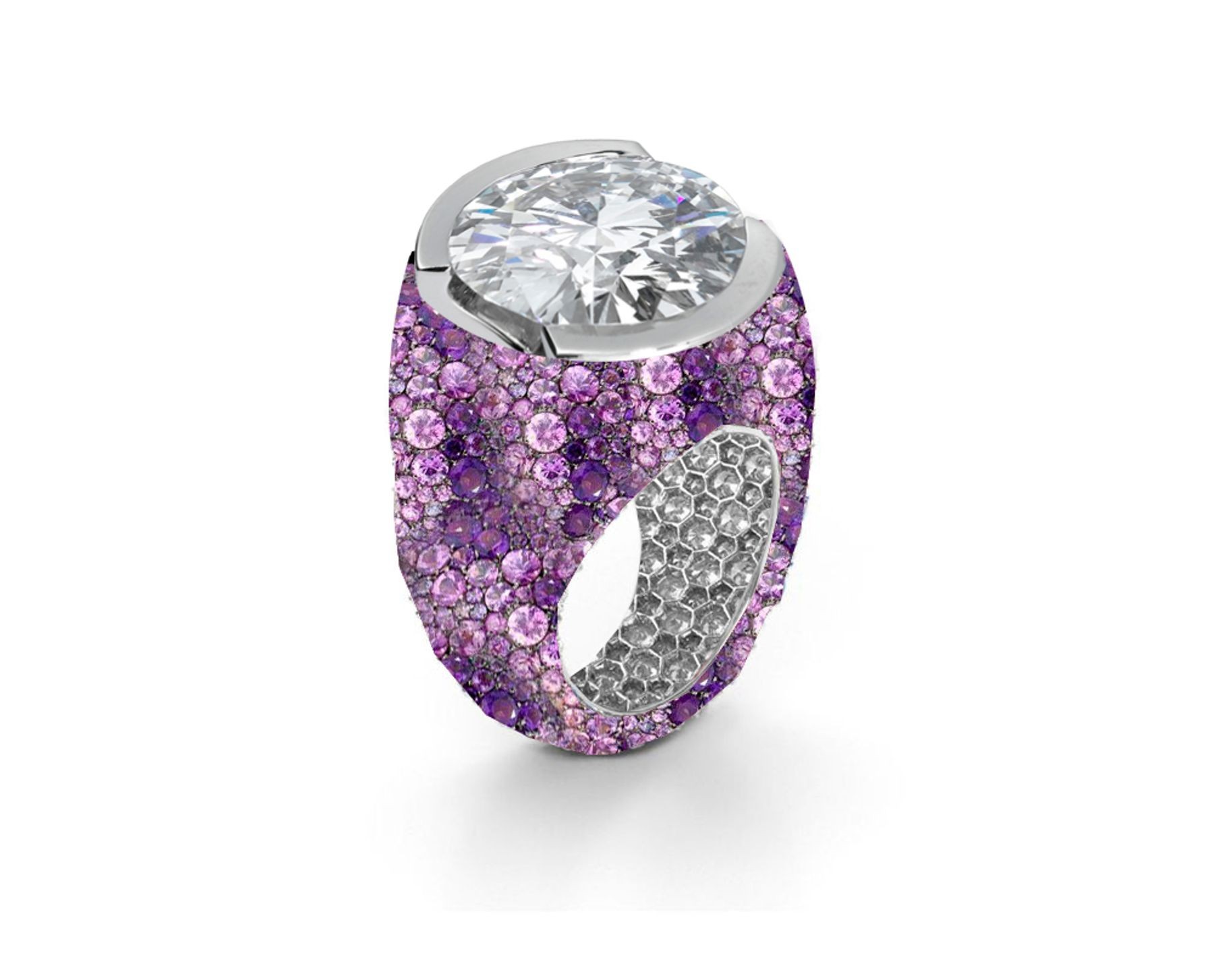 Custom Round Diamond & Purple Sapphire Engagement and Right Hand Rings