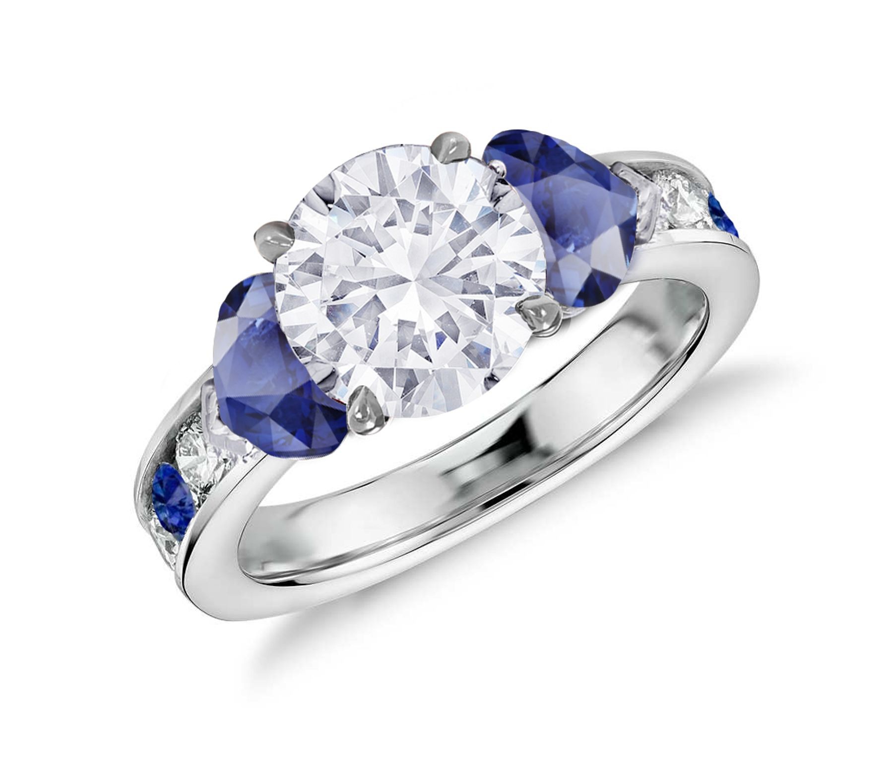 Three Stone Round Diamond & Heart Blue Sapphires Rings With Further Diamond Accents