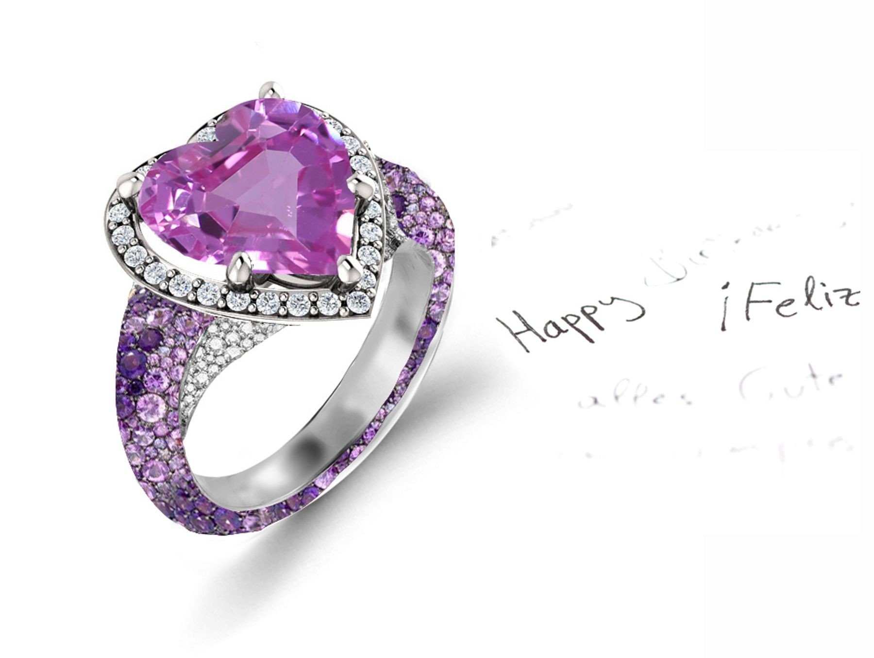 Custom Manufactured Precision Set Pave Halo Brilliant Round Diamonds & Heart Purple Sapphire Rings