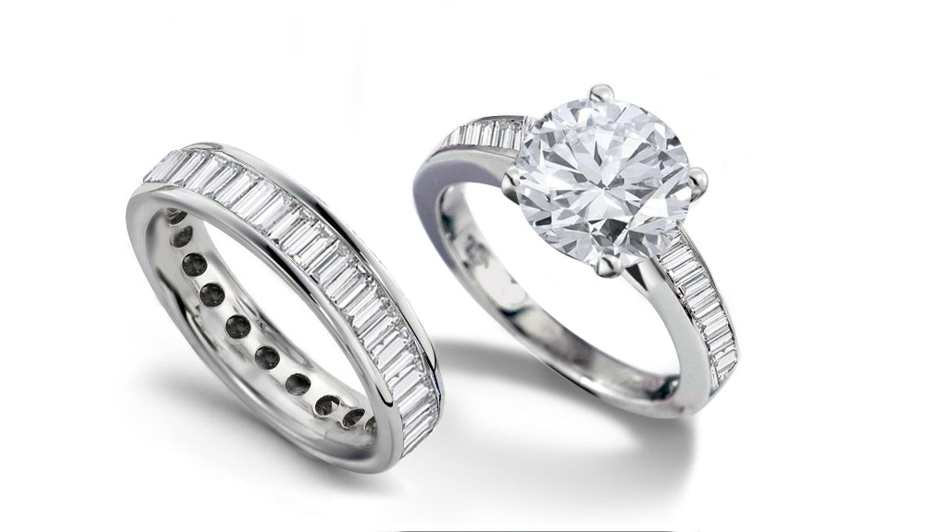 Brilliant Cut Round Diamond and Baguette Diamond Engagement Ring & Matching Wedding Band in Platinum