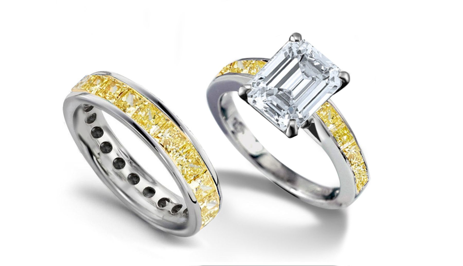 Emerald Cut Diamond & Princess Cut Yellow Diamond Ring & Diamond Gold Band