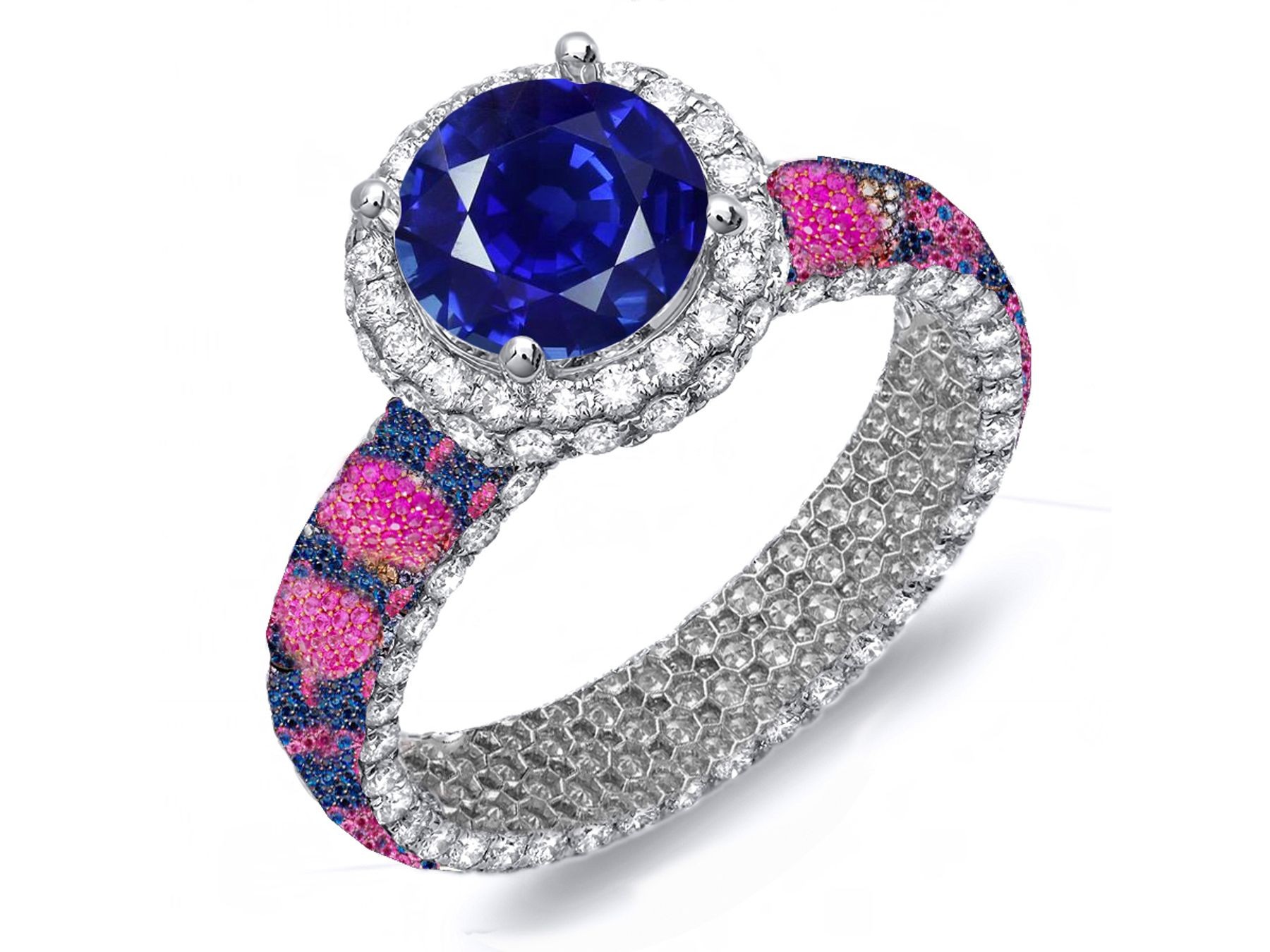 Hand-Made Pave Cluster Diamond & Multi-Colored Precious Stones Rubies, Emeralds & Blue, Pink, Purple, Yellow Sapphires