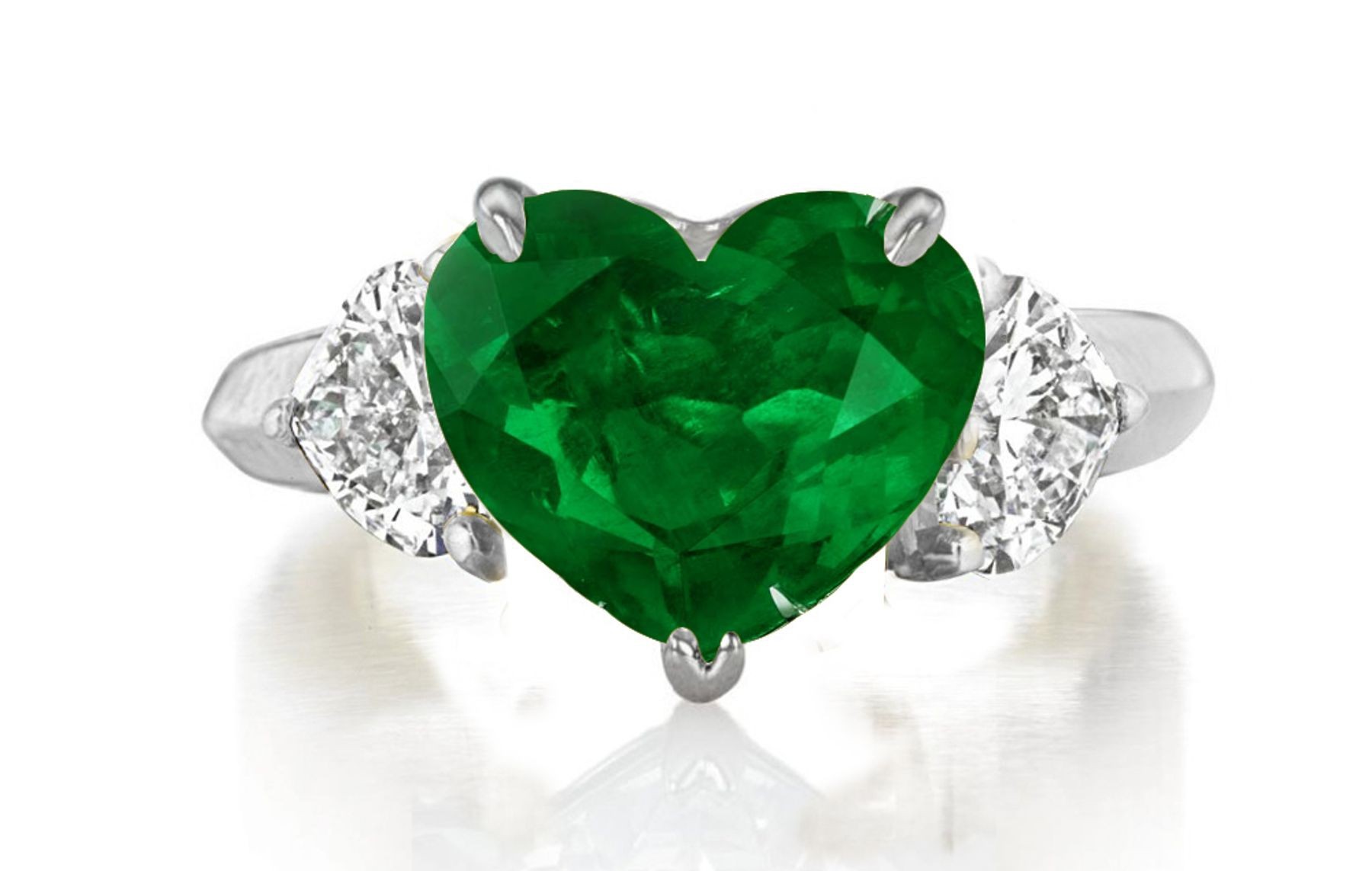 Made to Order Three Stone Rings Heart Shaped Diamonds & Emerald Rings