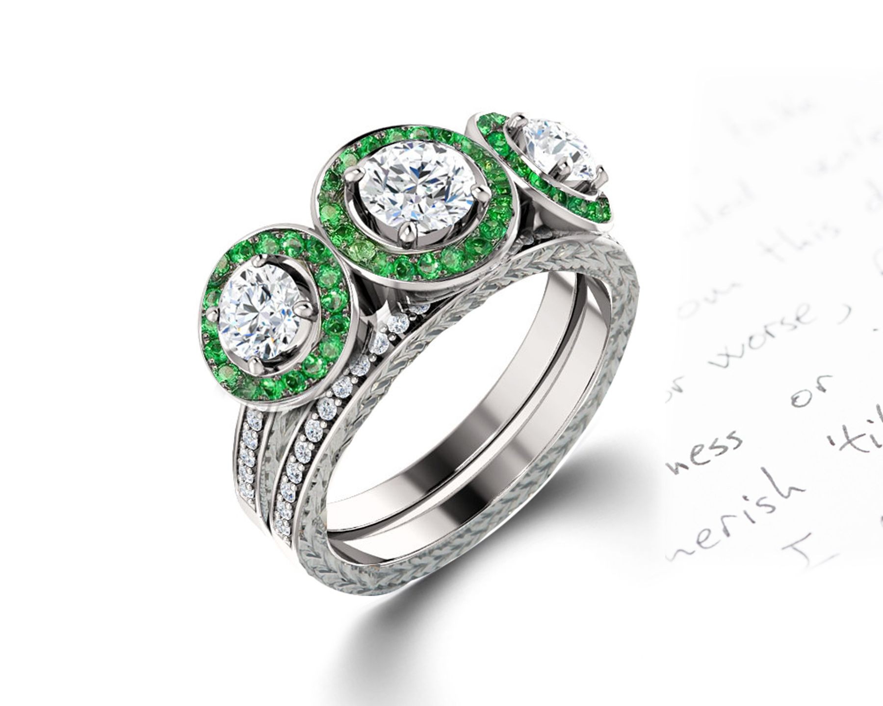 Delicate Micro Pave Halo Vivid Flower Bloom Green Emerald & Diamond Engagement Rings