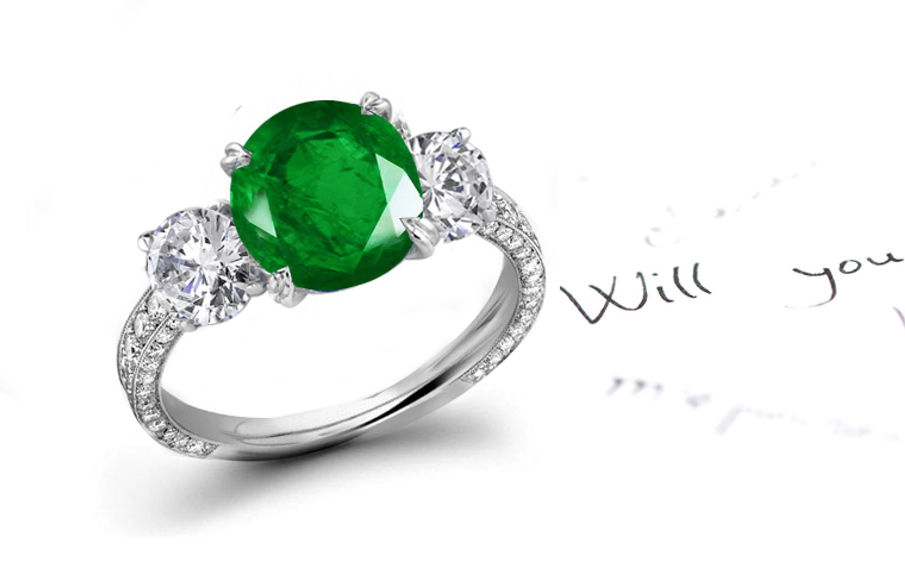 Shimmering: Victorian Style Three Stone Emerald & Diamond Halo Solitaire Ring