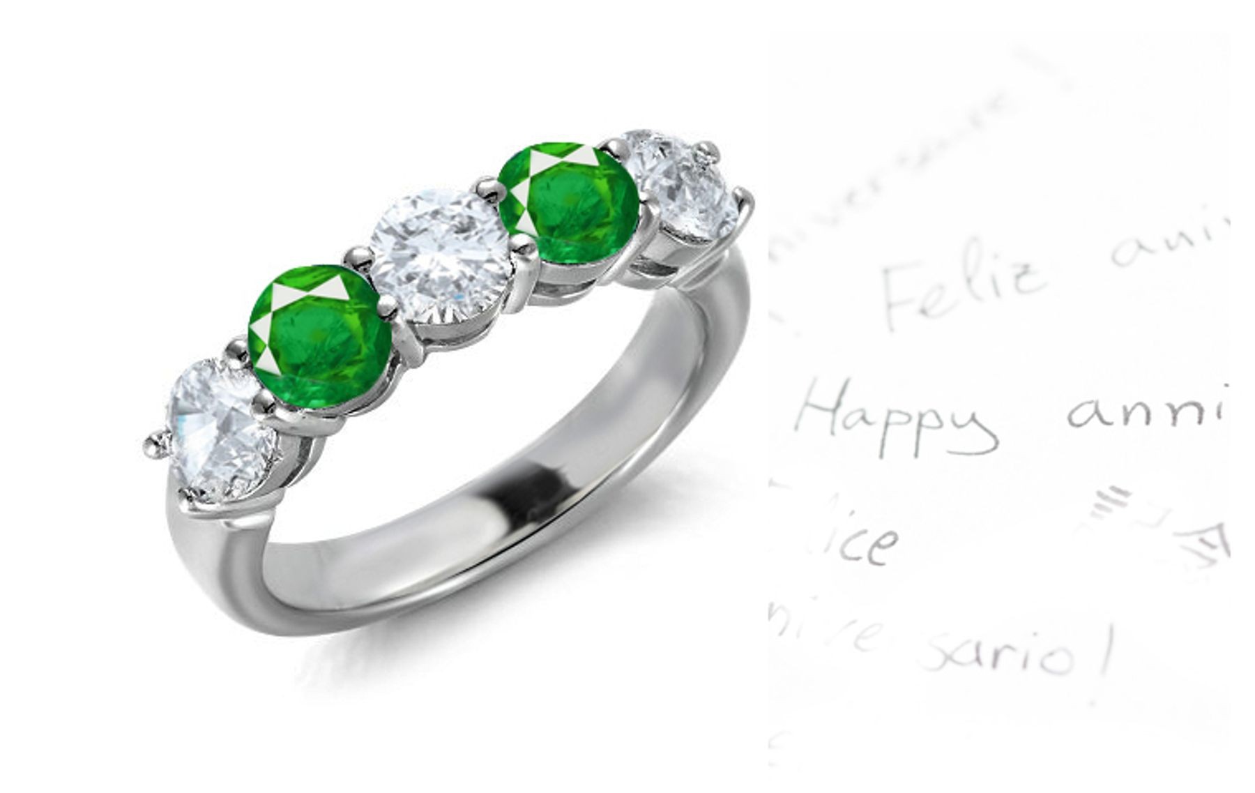 Brilliant: Classic 5 Stone Bar Set Round Emerald & Diamond Ring