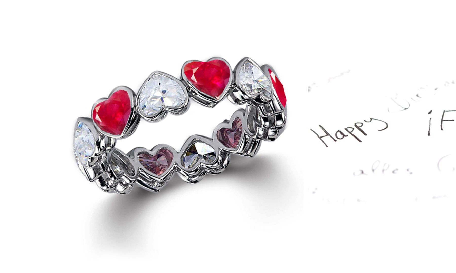 Delicate Heart Shaped Diamond Bezel Set Red Ruby & Diamond Eternity Rings