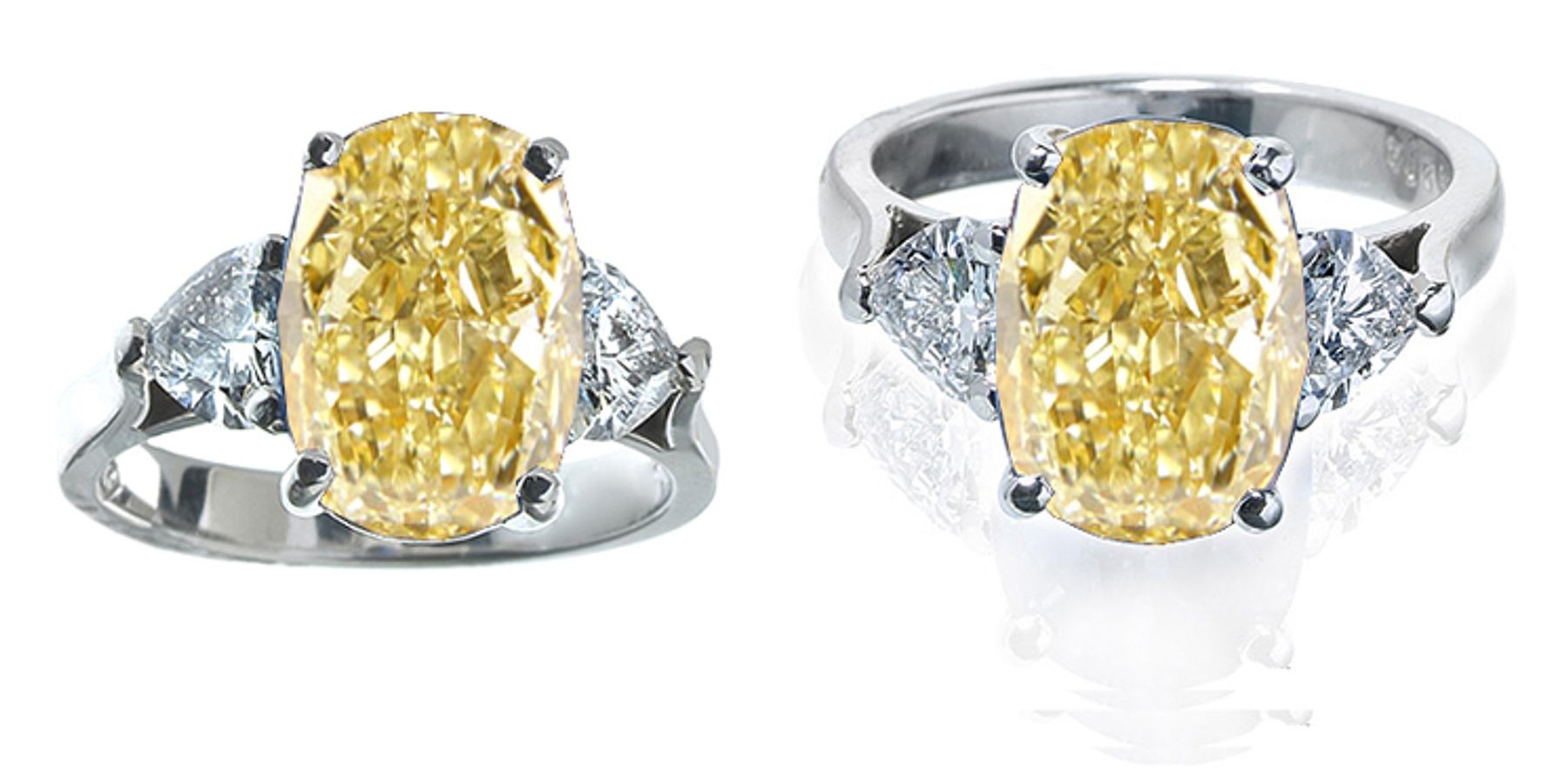 Yellow Diamond Rings: Platinum Yellow Oval Diamond and White Trillion Diamonds Engagement Rings