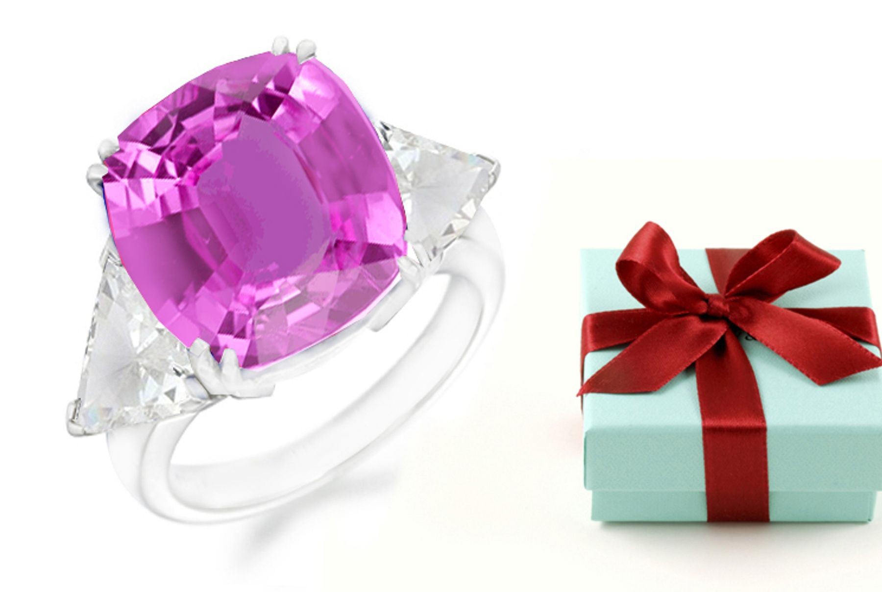 Cushion Pink Sapphire 3 Stone Sapphire Engagement Ring with Trillion Diamonds in 14k White Gold