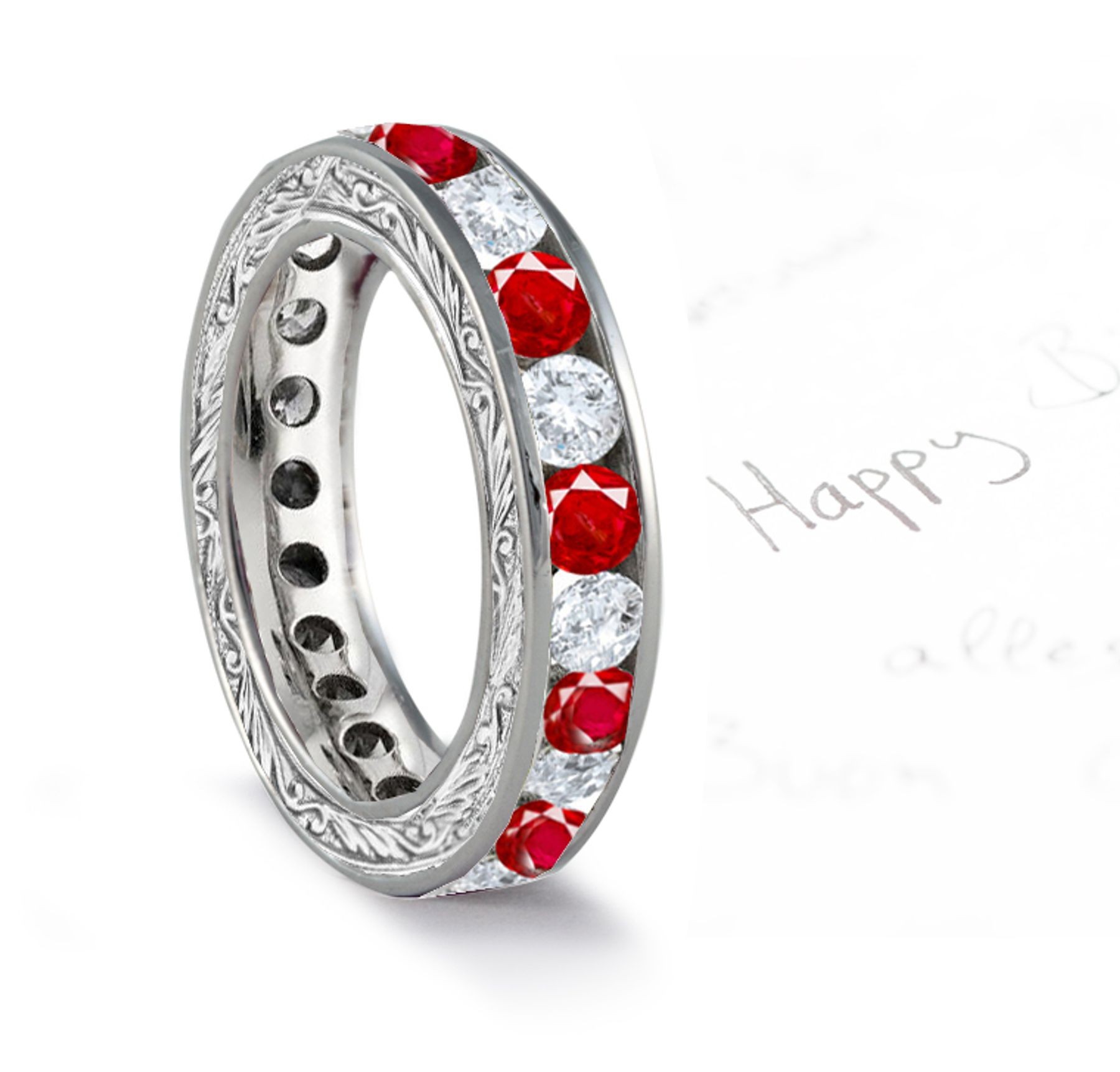 Diamond & Ruby Wedding Band with Scrolls Motifs on Sides in 14k Gold