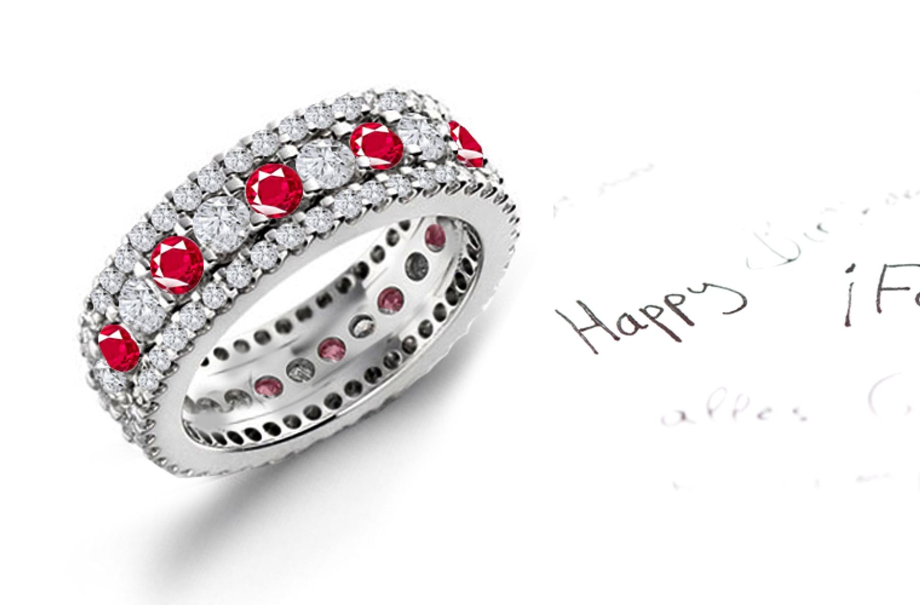 Exceptional: Three Sparkling Rows of Ruby & Diamond Eternity Bands in Platinum 950 Size 3 to 6