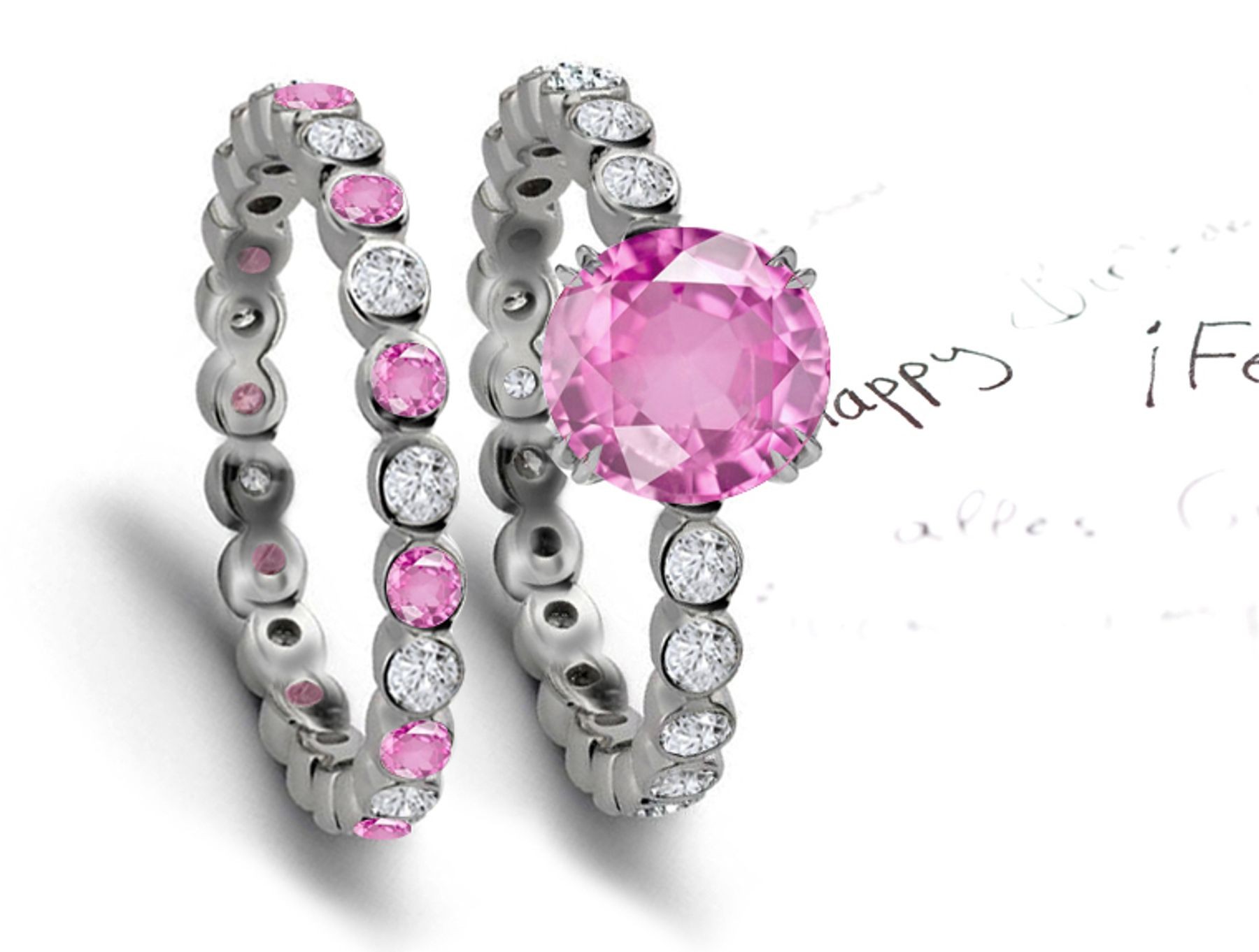 Stunning Jewels: Sparkling Pink Sapphire & Diamond Engagement & Essential Wedding Ring Set