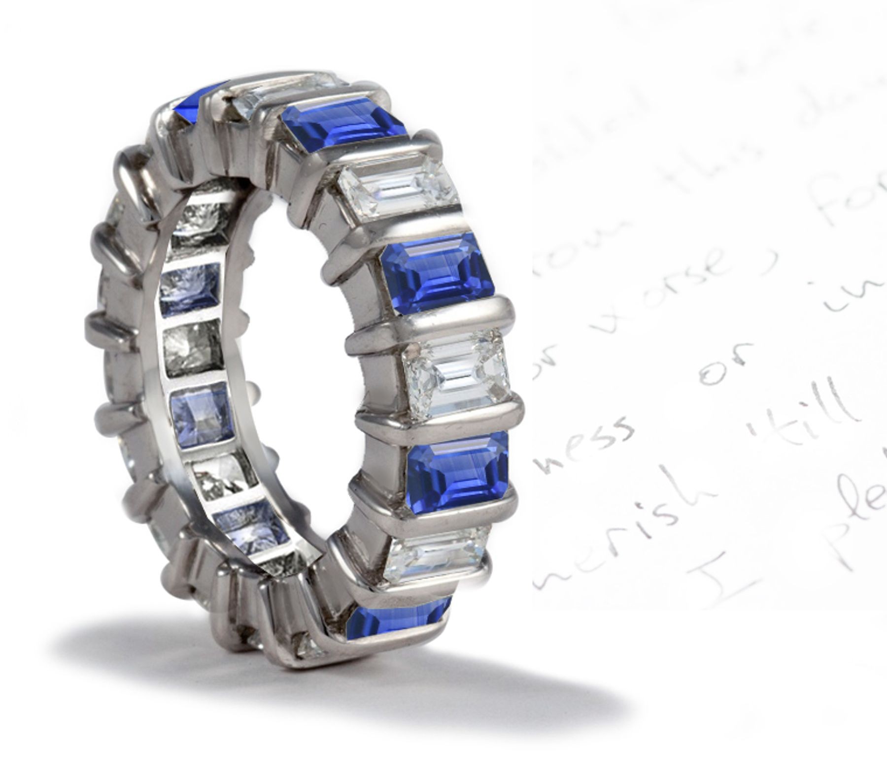 Platinum & Gold Collosal Sparkling Emerald Cut Diamond & Emerald Cut Sapphire Eternity Band