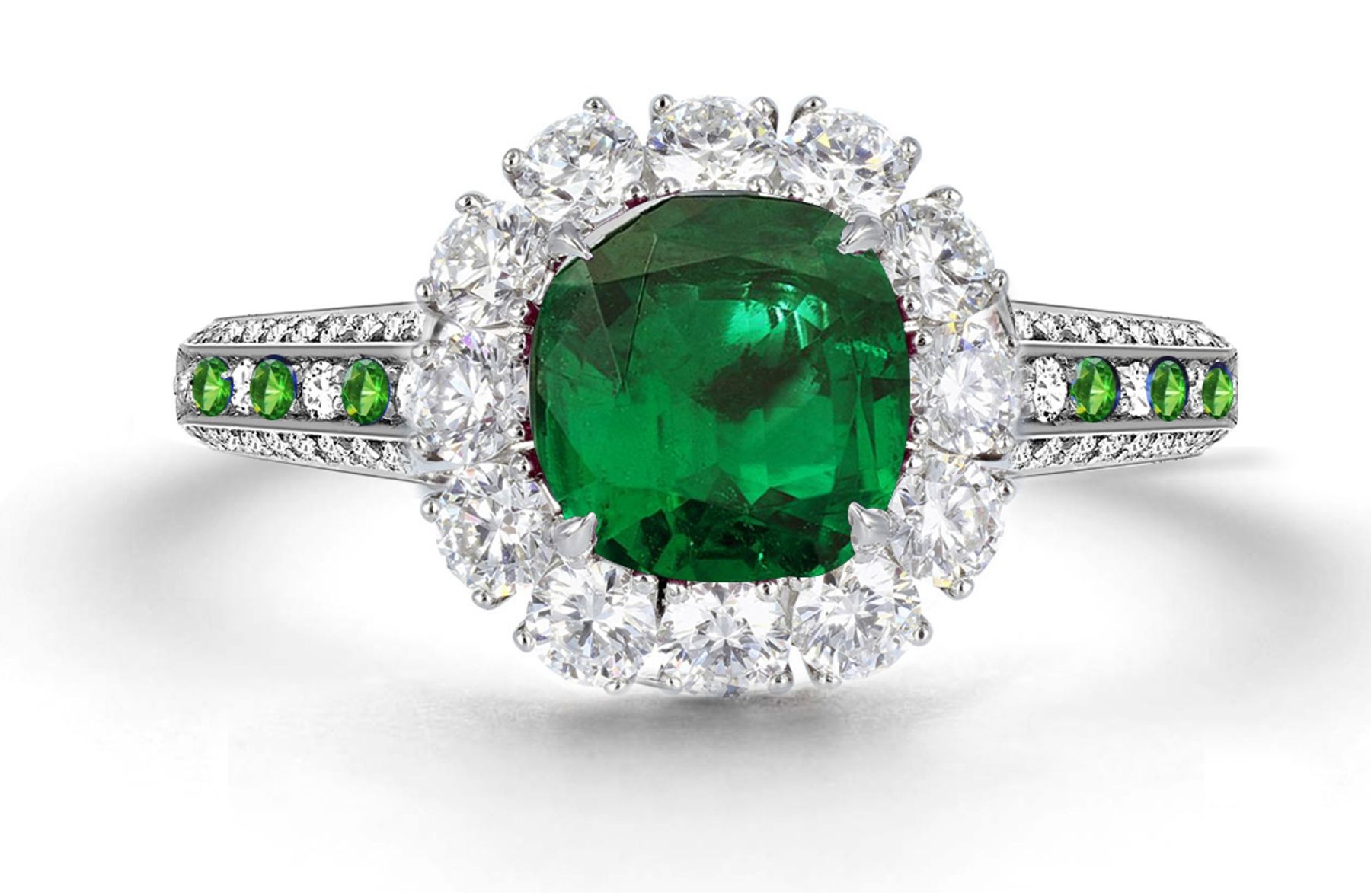 Latest Collection: Delicate Halo Micropave Side Accents Green Emeralds & Diamonds Engagement Rings