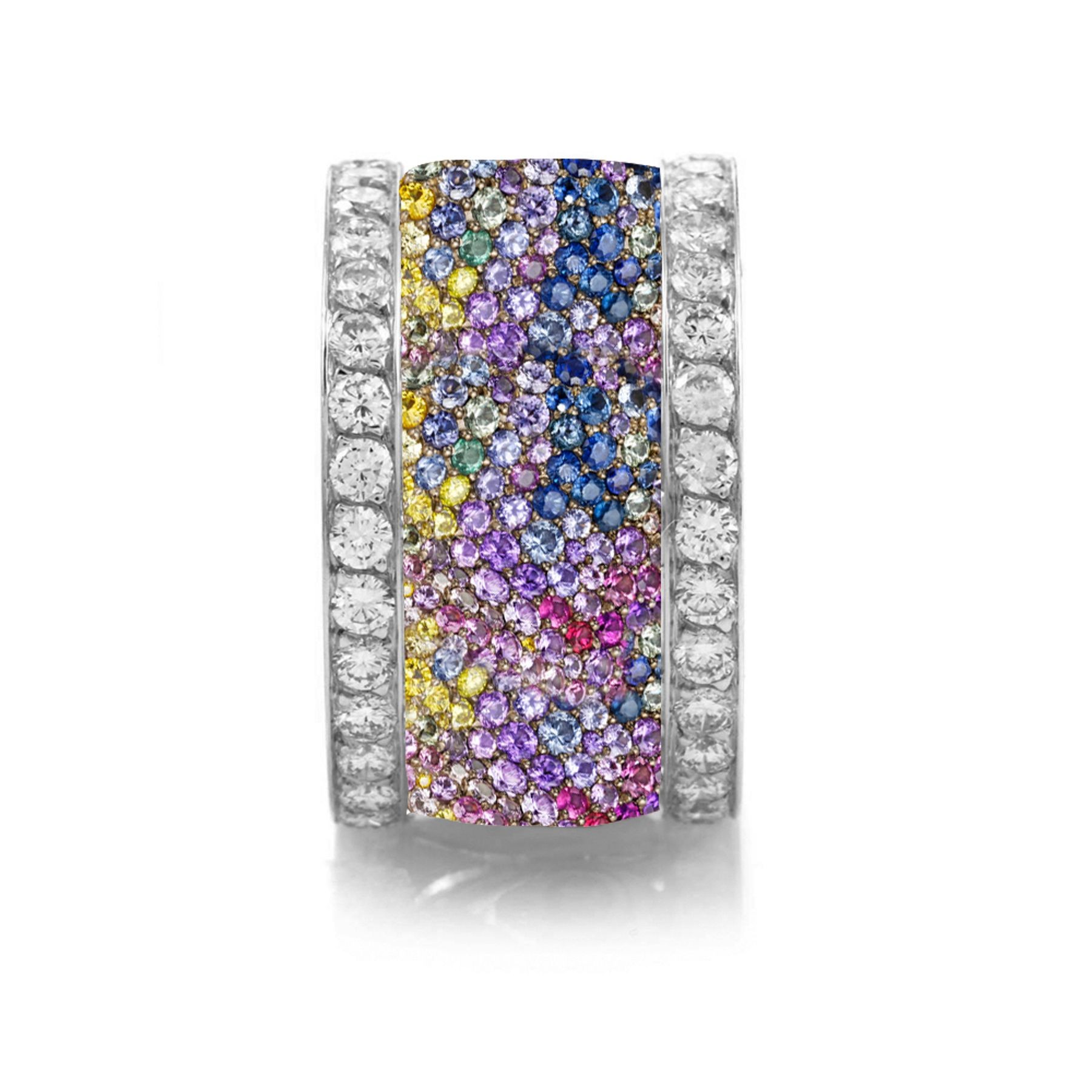 Custom Round Diamond & Rainbow Sapphire Eternity Wedding Band Rings