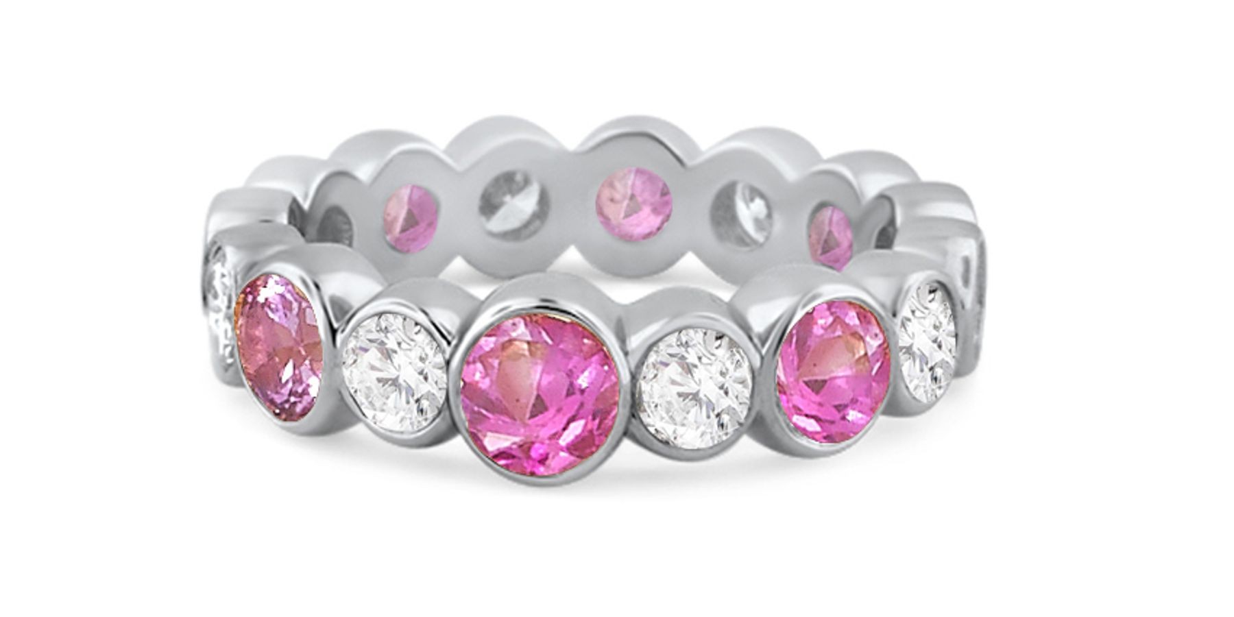 Shop Fine Quality Made To Order Round Bezel Set Diamond & Pink Sapphire Eternity Style Wedding & Anniversary Rings