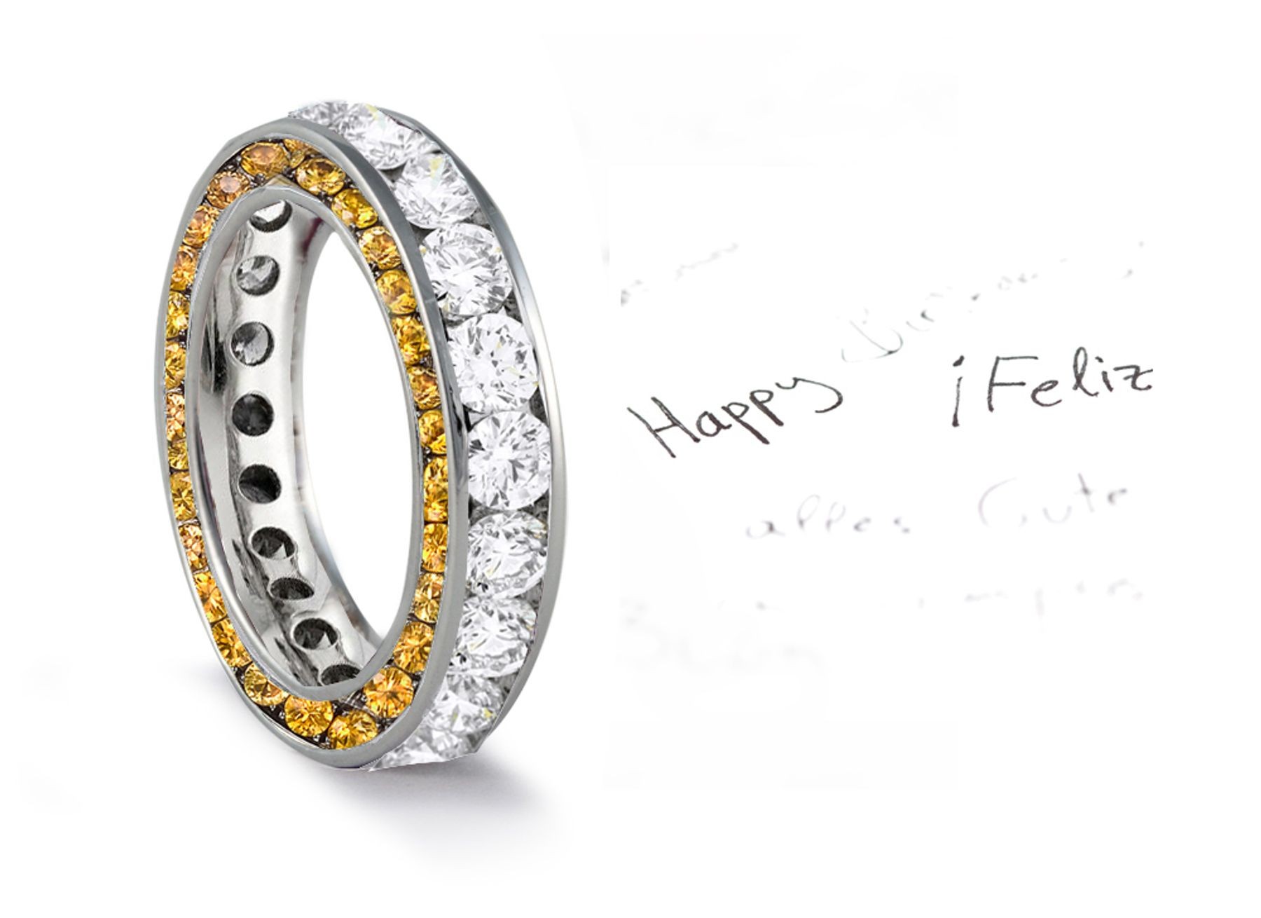 Made to Order French pave Set Brilliant Cut Round Diamonds & Yellow Sapphires Eternity Rings & Bands