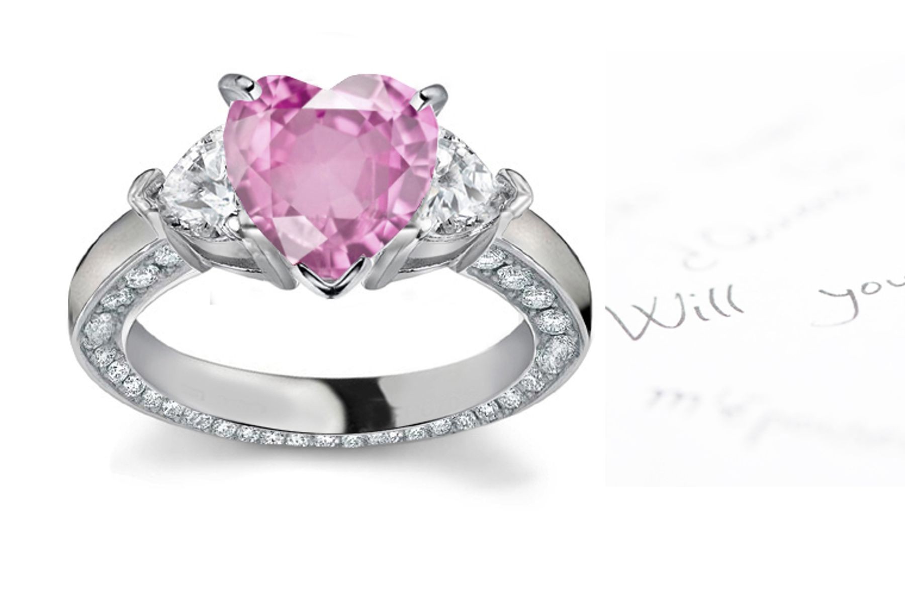 Three Stone Heart Pink Sapphire & Diamond Halo Ring Size 3 to 8