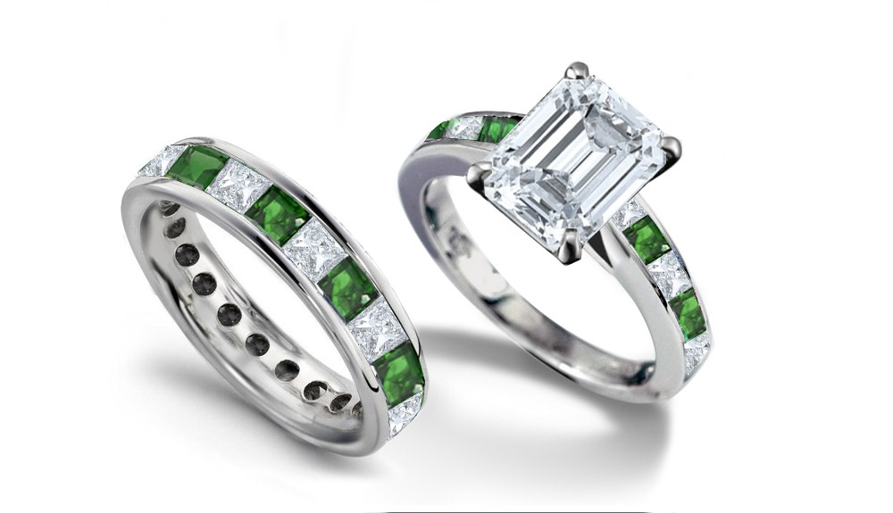 Emerald Cut Diamond & Square Emerald Ring and Matching Wedding Band