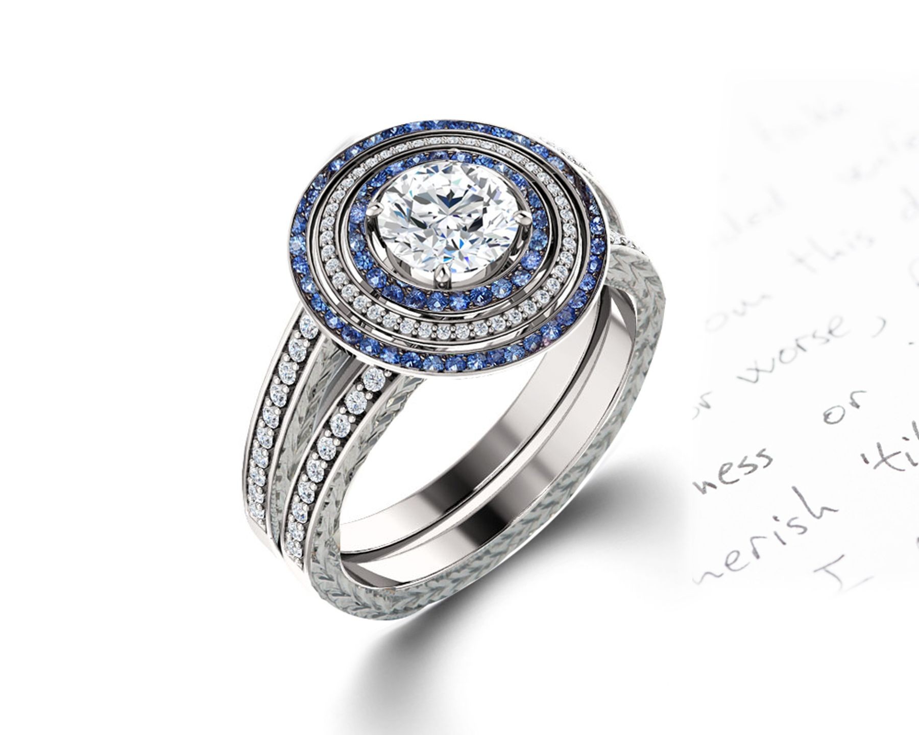 Delicate Micro Pave Halo Vivid Blue Sapphires & Brilliant-Cut Round Diamonds Designer Engagement Rings