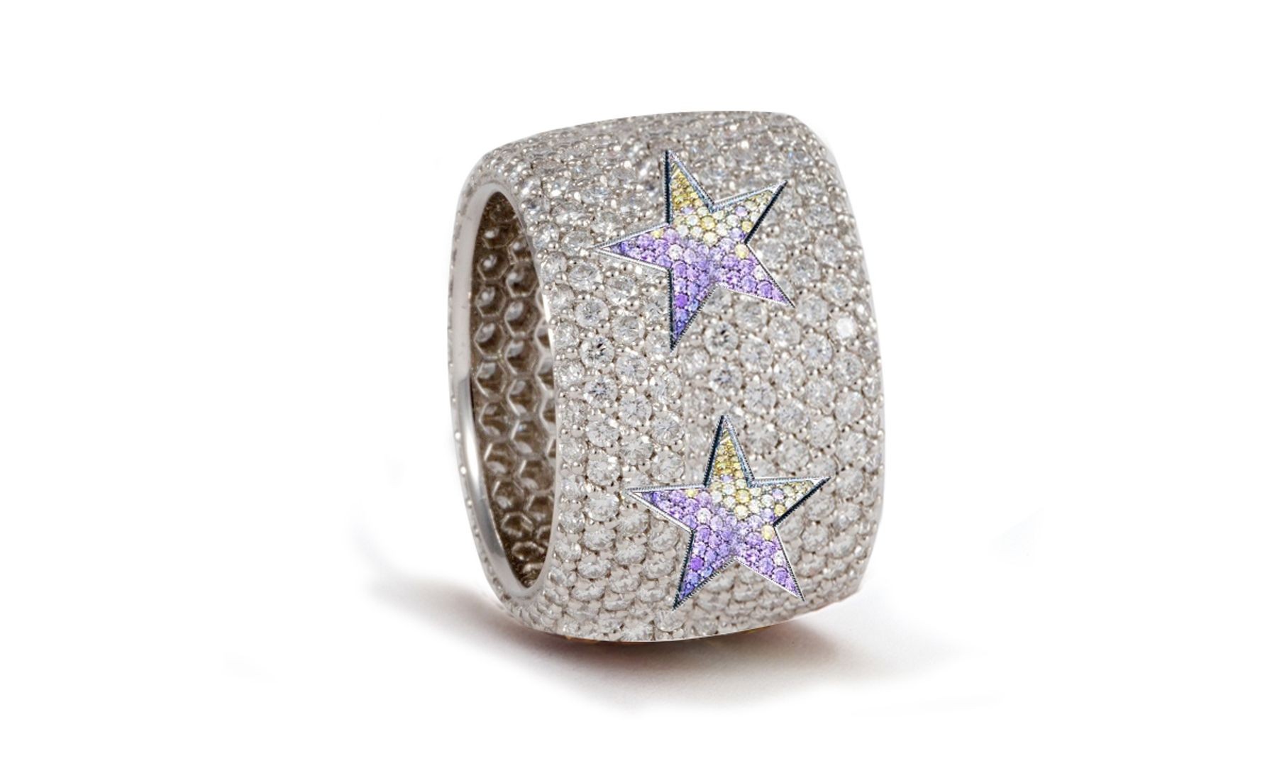 Delicate French pavee Sparkling Brilliant-Cut Round Diamonds & Vivid Multi-Colored Precious Stones Eternity Rings & Bands Featuring Celestial Stars