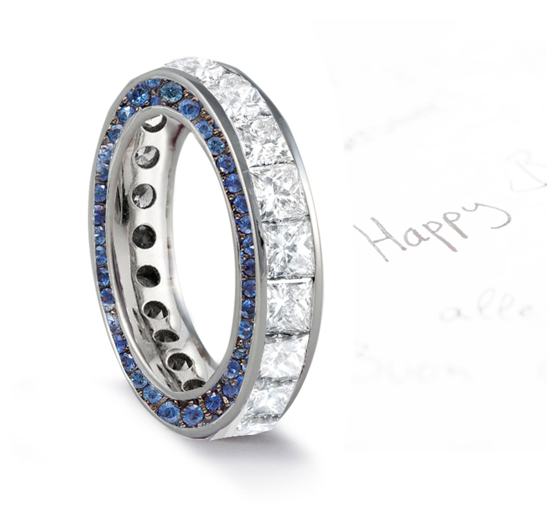 Micro pave Halo Round & Princess Cut Diamond & Blue Sapphire Eternity Rings