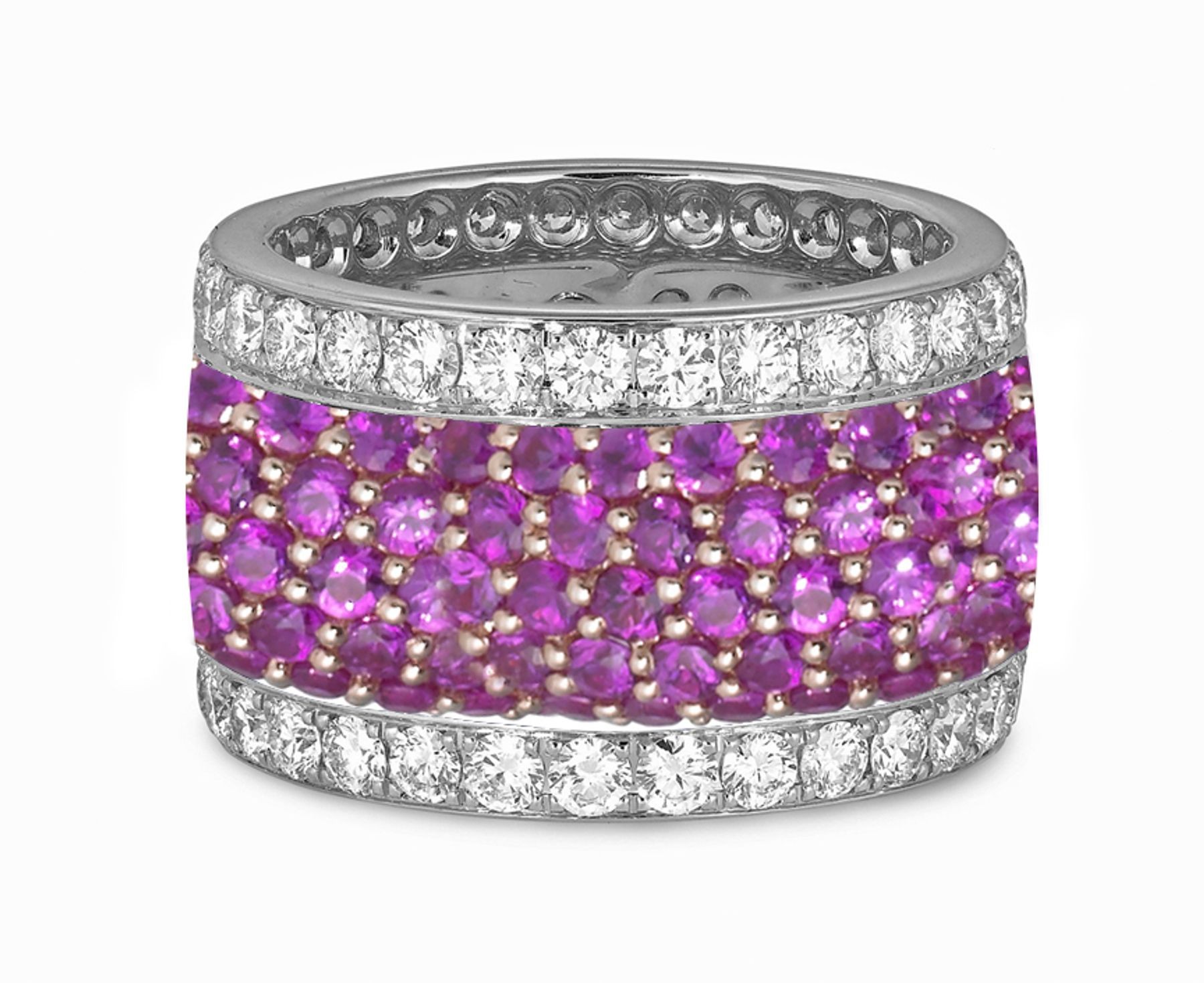 Micro pave Halo Brilliant Cut Round Diamond & Purple Sapphire Eternity Rings