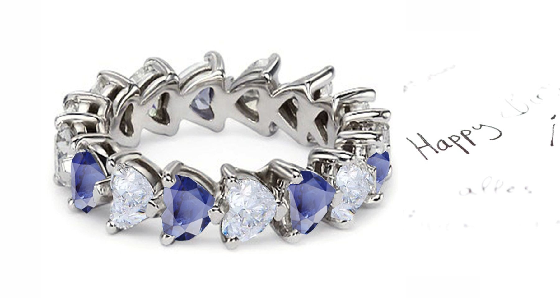 Heart Shaped Diamond Prong Set Diamond & Blue Sapphire Eternity Rings 