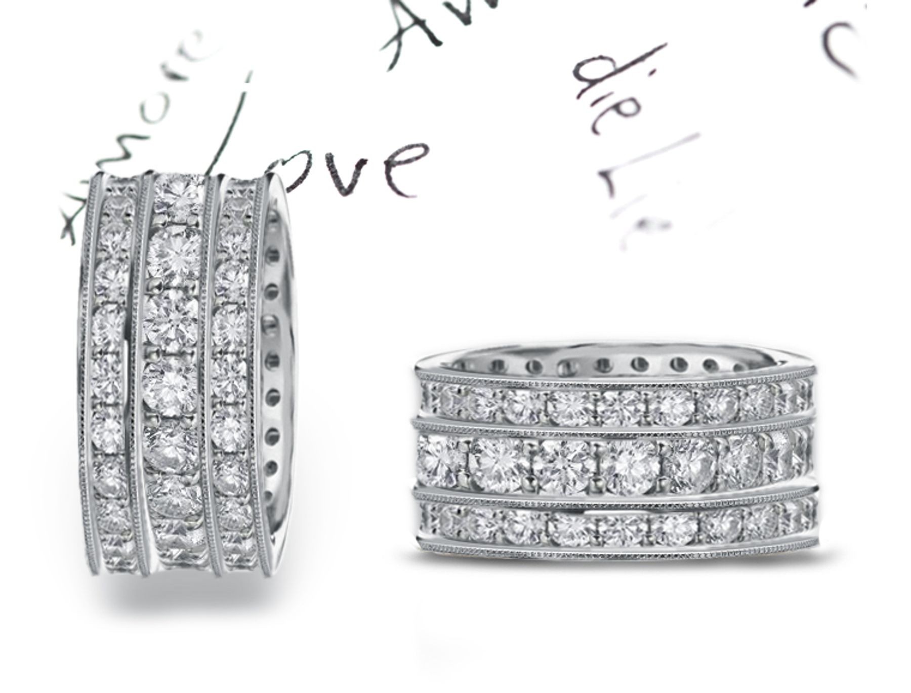 Cobblestone Ring: 6 Millimeter Wide Platinum & Diamond Ring Sparkling with Three Rows of Round Diamonds