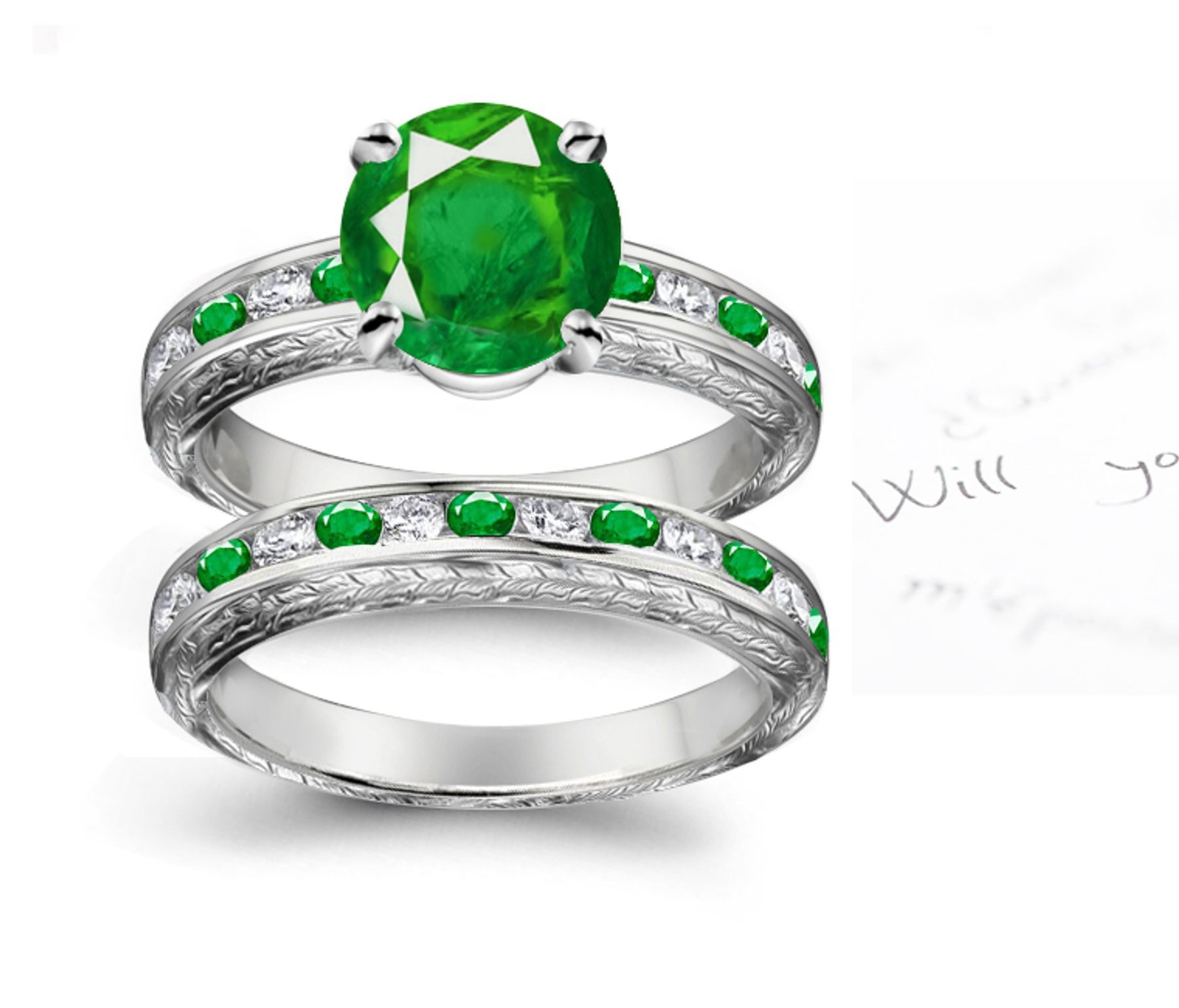 Examples of This Unique: Channel Set Filigree Store of Fine Emeralds With Diamonds Ring in 14k White Gold & Platinum