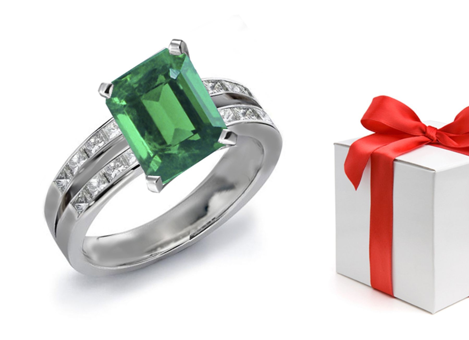 "Special Design" Natural Emerald Cut Emerald & Princess Cut Diamond Chevron Ring