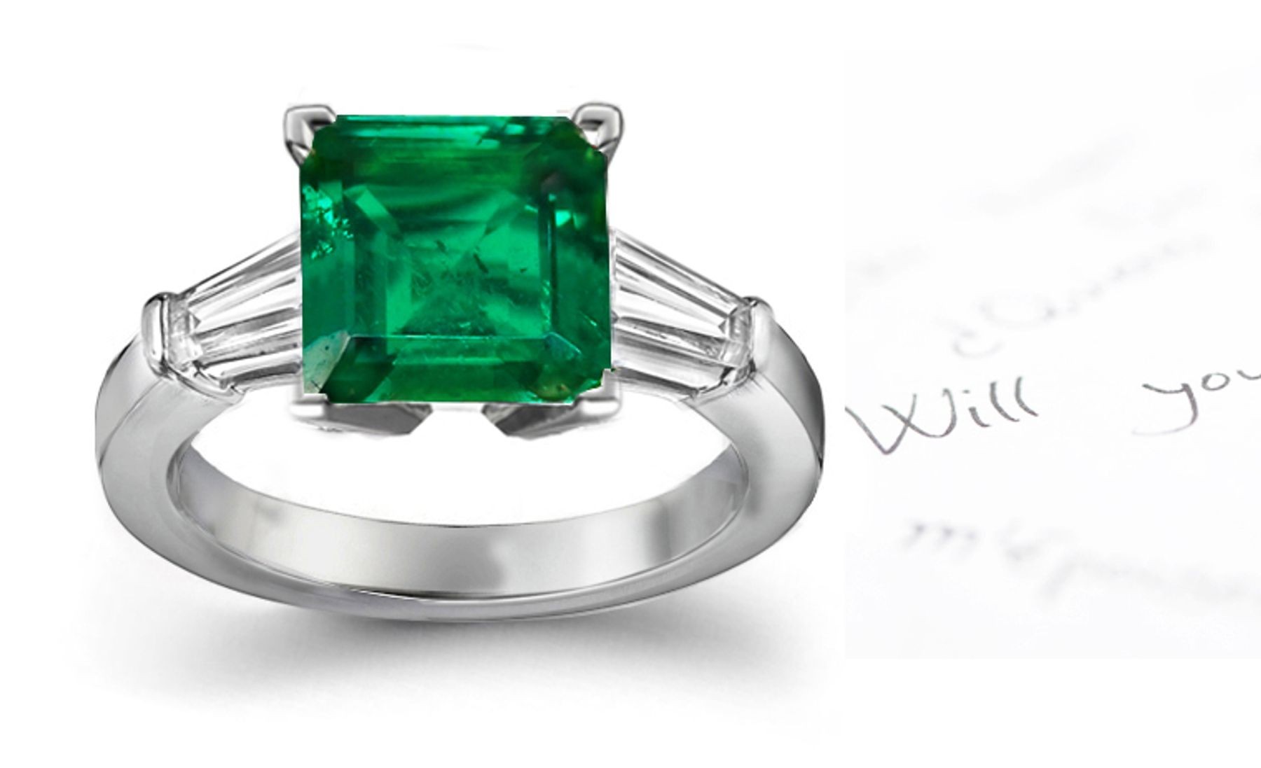 Signature 3 Stone Square True Emerald, Baguette Diamond & Platinum Ring Size 3 to 8