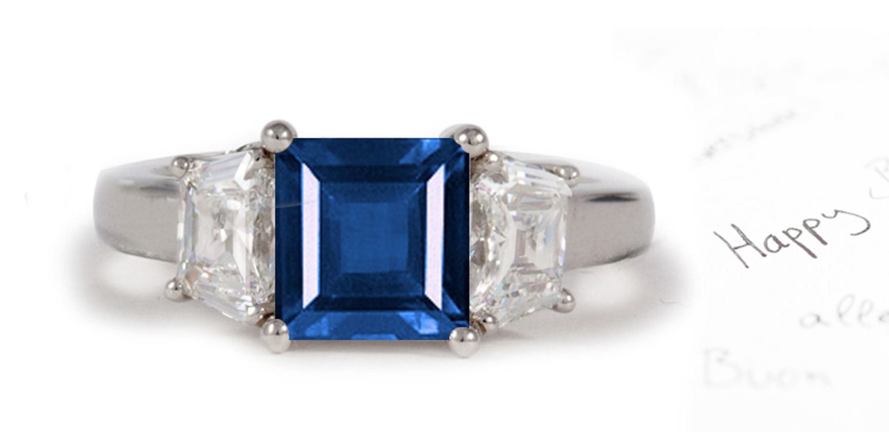 Vibrant 3 Stone Square Nourished Emerald & "Striking" Shield Diamond Gold Engagement Ring