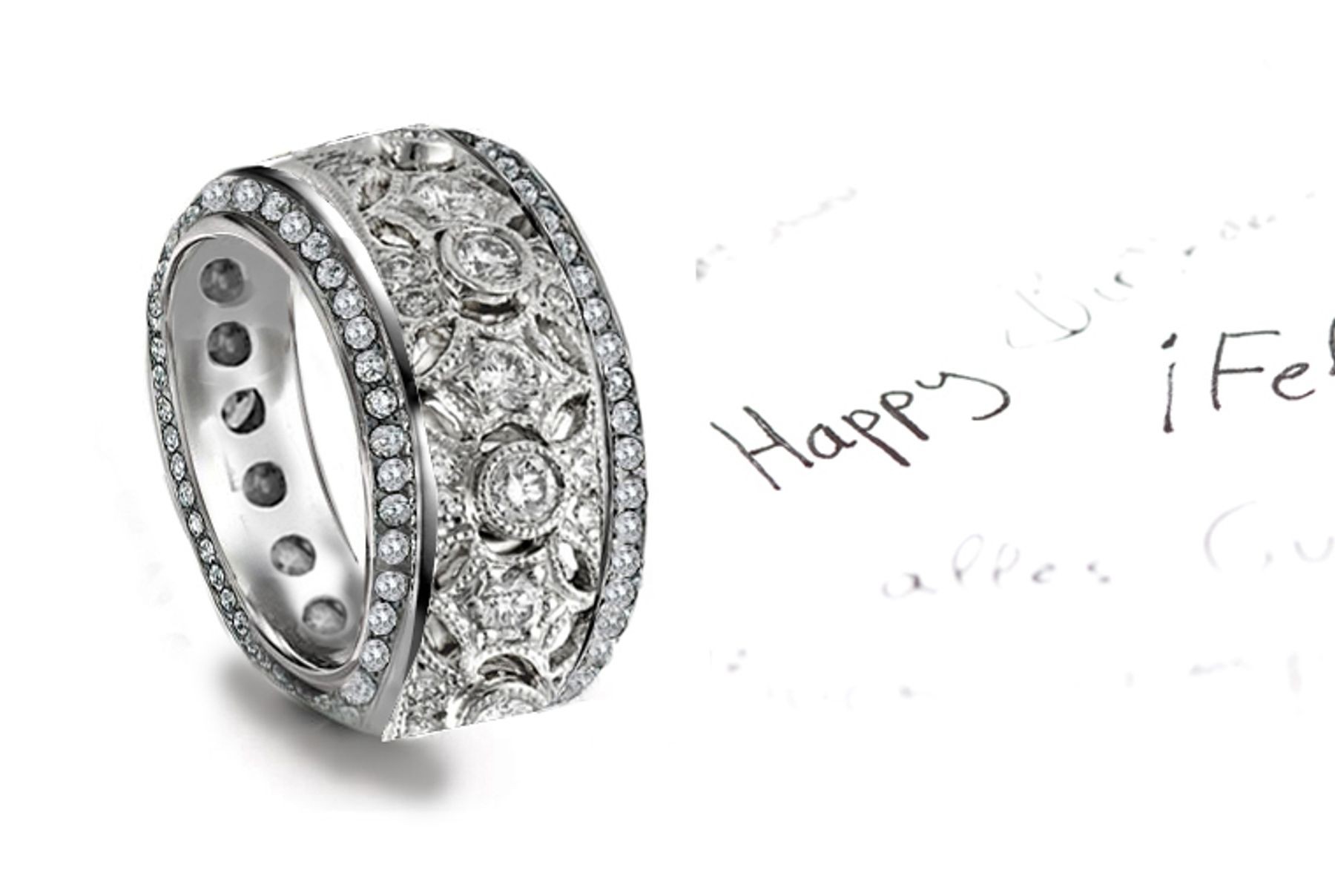"Very Wide" High Diamond Open Work Gold Band & Diamonds Micropavee in Floral Motifs All Around Halo of Divine Light